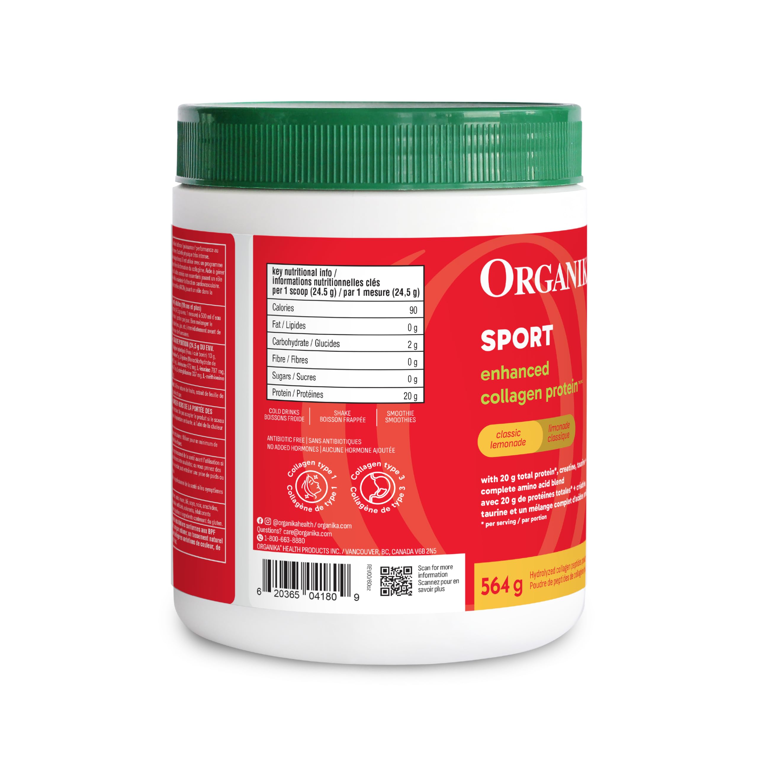 Organika Canadian-Made Enhanced Collagen Sport - 20g Collagen Protein + Creatine, Taurine, and Complete Amino Acid Profile | Promotes Muscle Growth, Strength, and Joint Health - Lemon Flavour - 564g