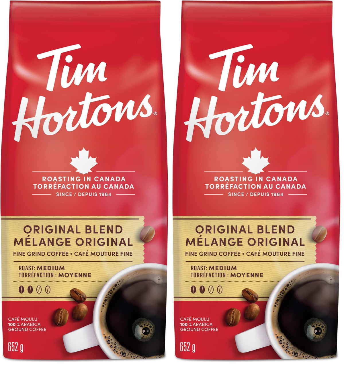 Tim Hortons Original Blend, Fine Grind Coffee, Medium Roast, Made with 100% Arabica Beans, 652g Bag (Pack of 2)