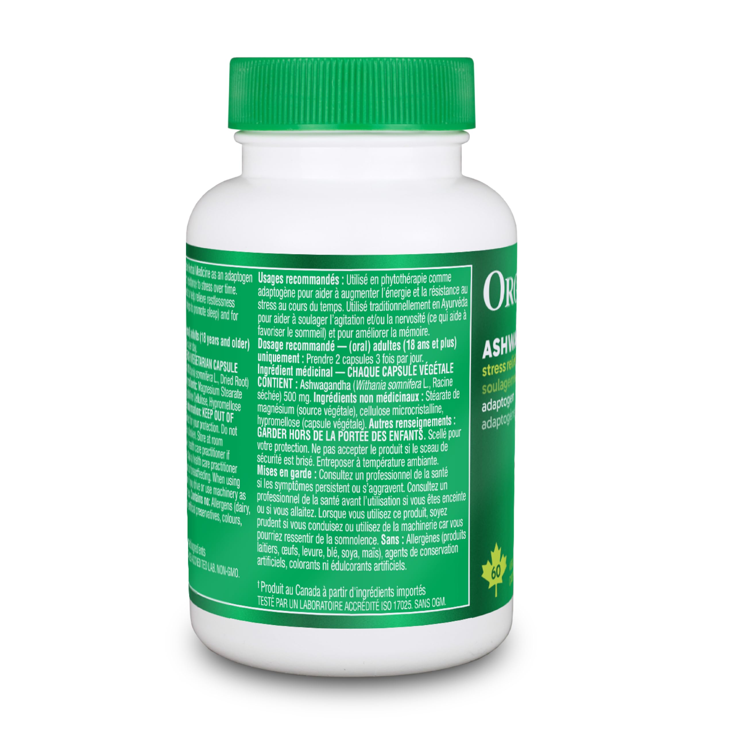 Organika Canadian-Made Ashwagandha- Stress Relief, Sleep Aid, Mood Enhancement, Thyroid and Blood Sugar Balance- 60 vcaps