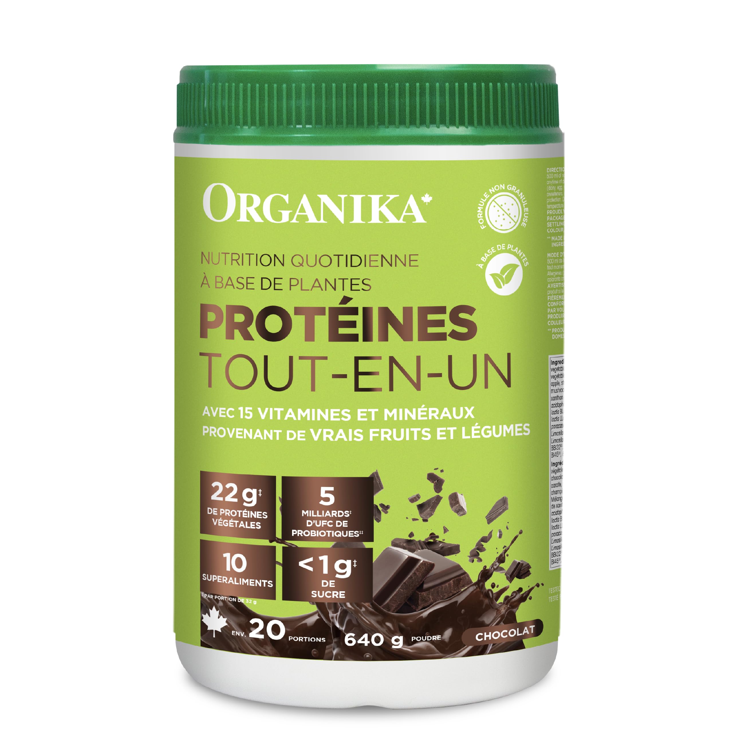 Organika All-in-One Plant Protein Powder – Chocolate – 22g Protein, 15 Vitamins & Minerals, 5 Billion CFU Probiotics, 1g Prebiotic Fibre, 0g Sugar – Complete Nutrient Source, Easy to Digest – 640g