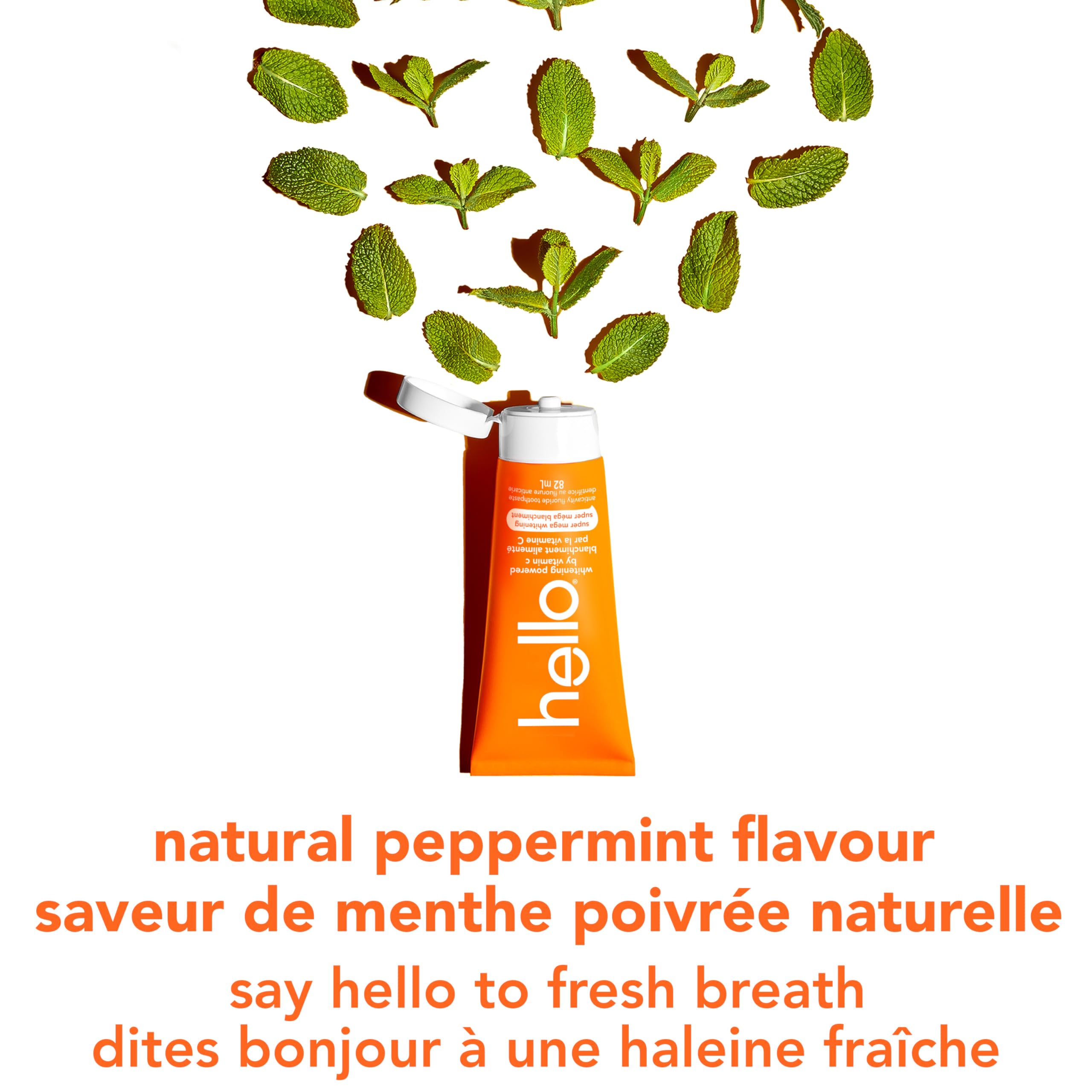 Hello Whitening Toothpaste with Fluoride Powered by Vitamin C, Teeth Whitening Toothpaste for Adults, Helps Freshen Breath and Removes Surface Stains, SLS Free, Natural Peppermint Flavor, 82mL Tube