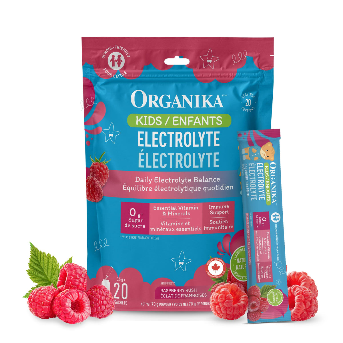 Organika Kids Electrolytes Powder Sticks - Sugar-Free Hydration + Immune support with 100% of daily Vitamin C, Minerals and Prebiotic Fibre | Raspberry Rush Flavour - 3.5g x 20 sachets