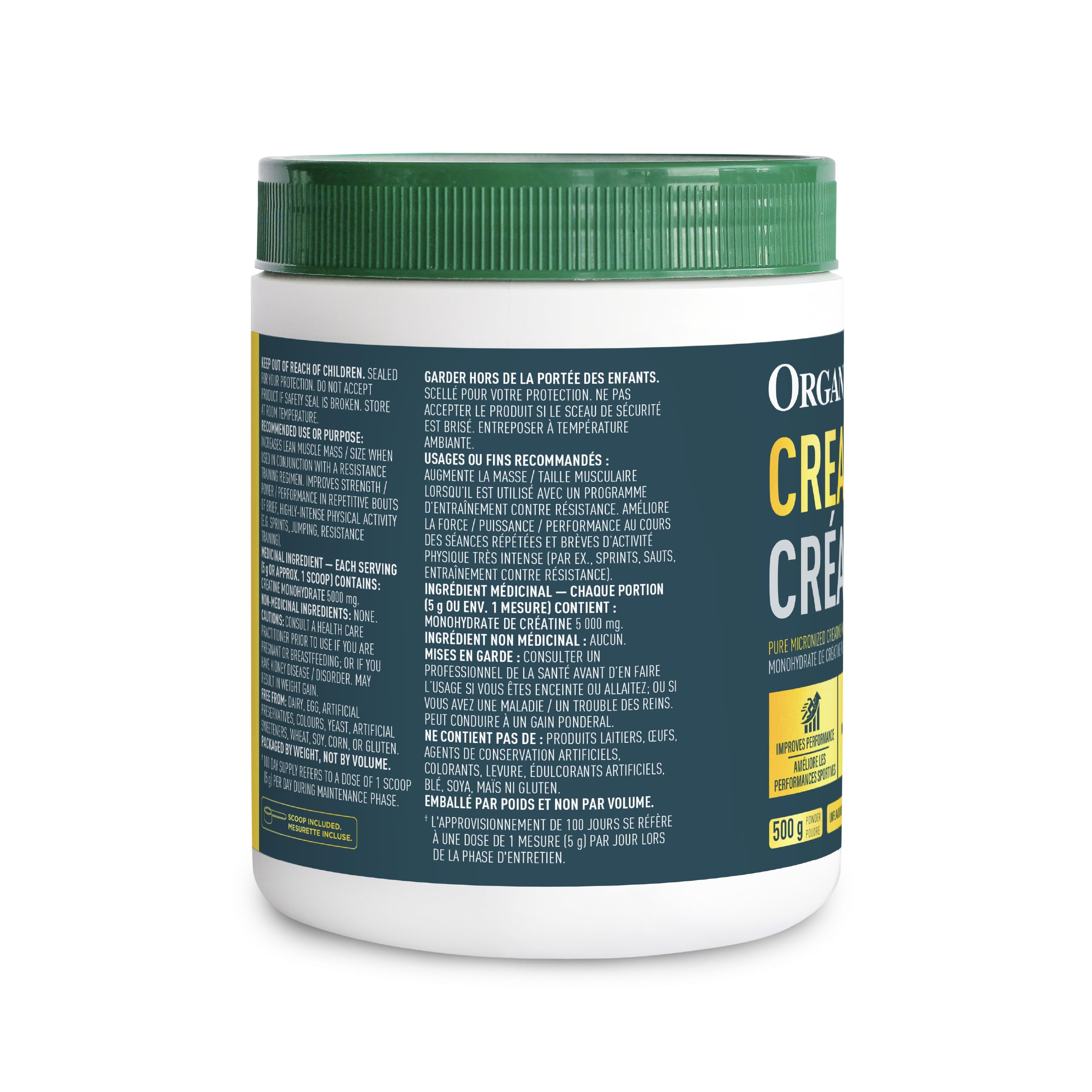 Organika Canadian-Made Creatine Powder - Pure Micronized Creatine Monohydrate - NSF Certified - Supports Strength, Muscle, Recovery and Performance for Men and Women - Unflavoured - 500g, 100 servings