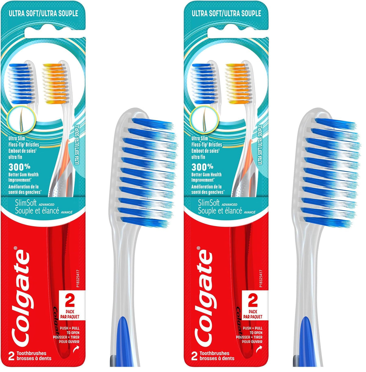 Colgate Extra Soft Full Size Toothbrush (4 Pack) with Ultra Slim Floss-Tip Bristles - Ultra Soft Toothbrush for Gentle Oral Care, Slim Ergonomic Design for Comfortable Grip, Colgate Quality Assurance