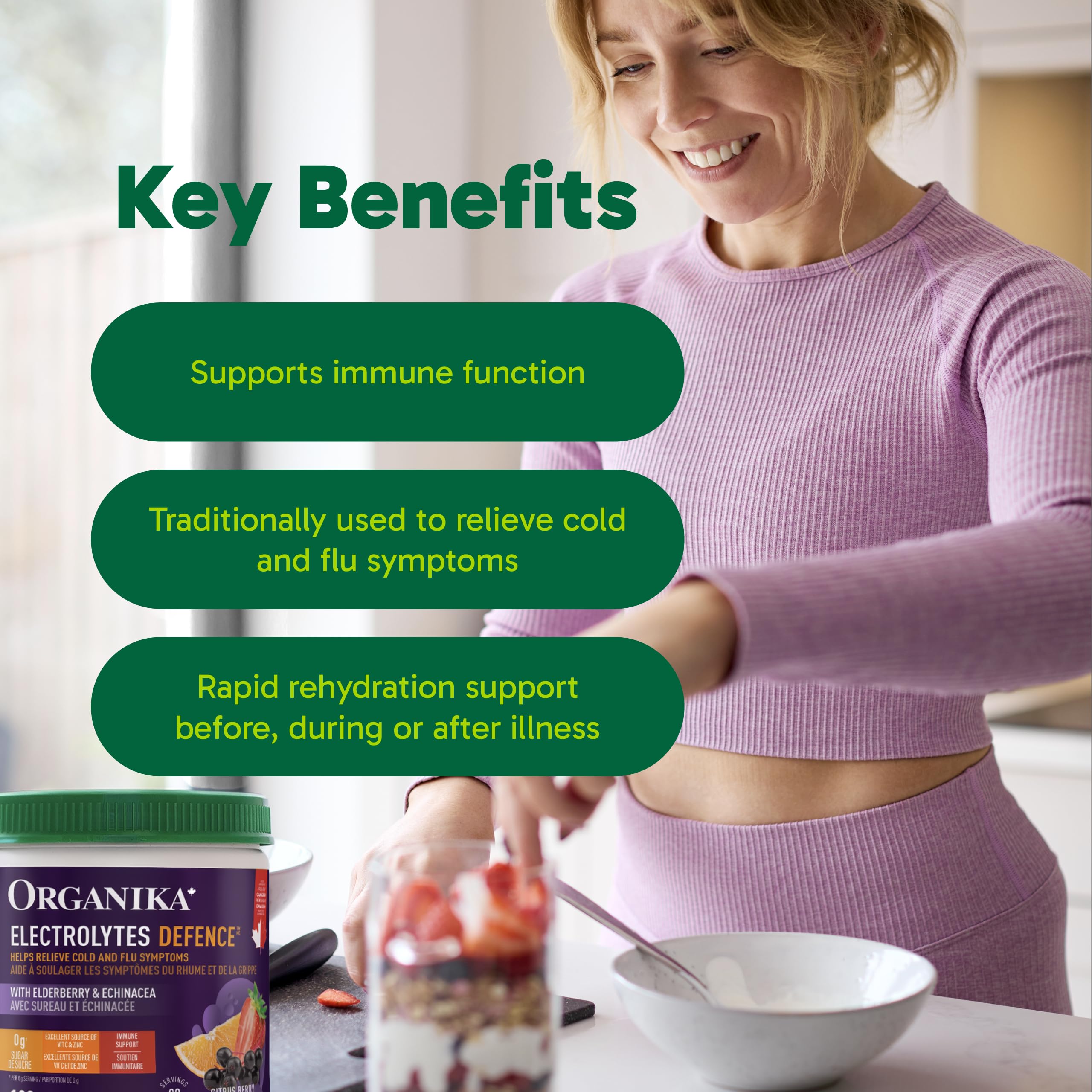Organika Canadian-Made Electrolytes Defence - Daily Hydration Powder for Immune Support with Elderberry, Echinacea and Zinc, Natural Citrus Berry Flavour, 180 g, 30 Servings,