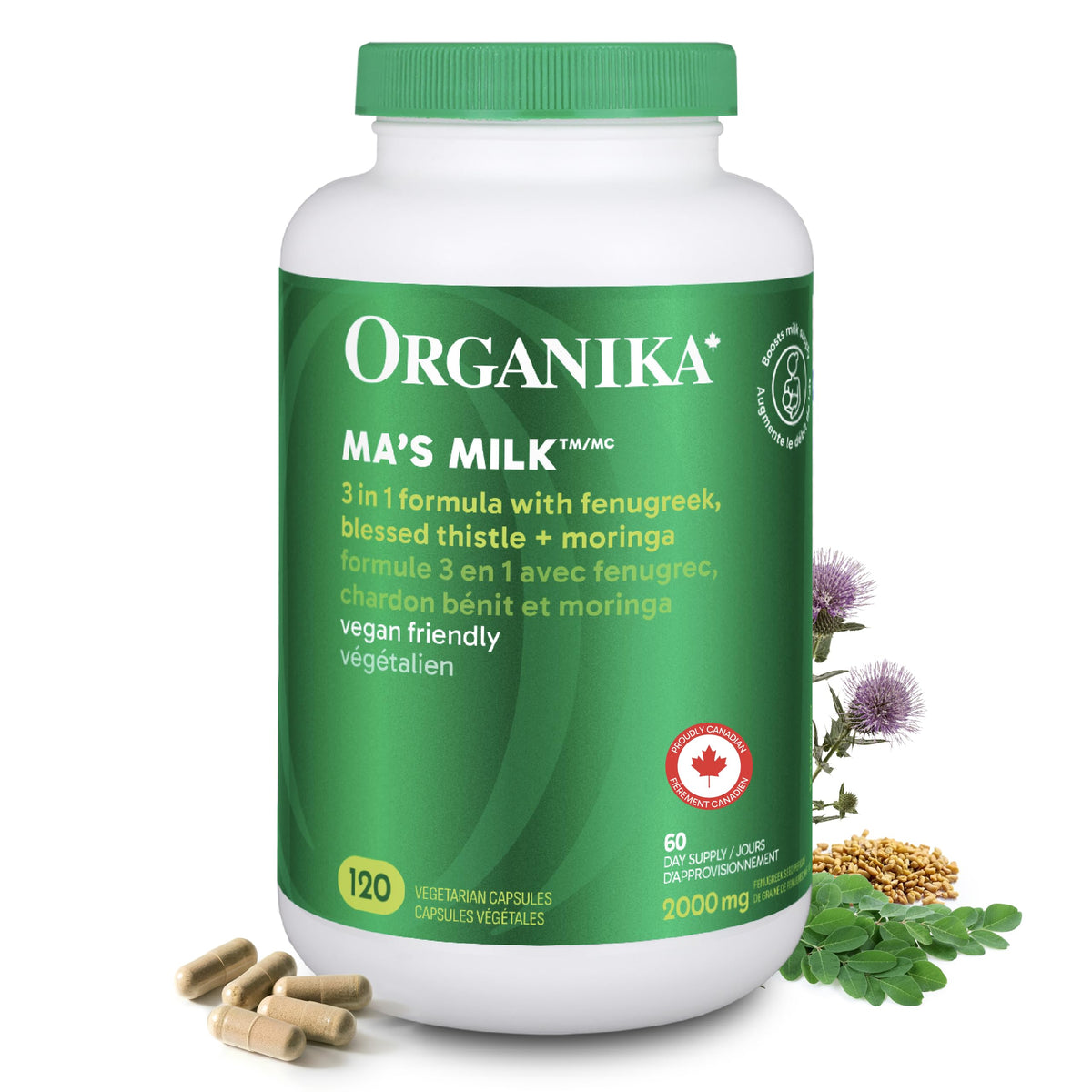 Organika Canadian-Made Ma's Milk- Supports Breast Milk Production- Contains Blessed Thistle, Fenugreek, and Moringa- 120 vcaps