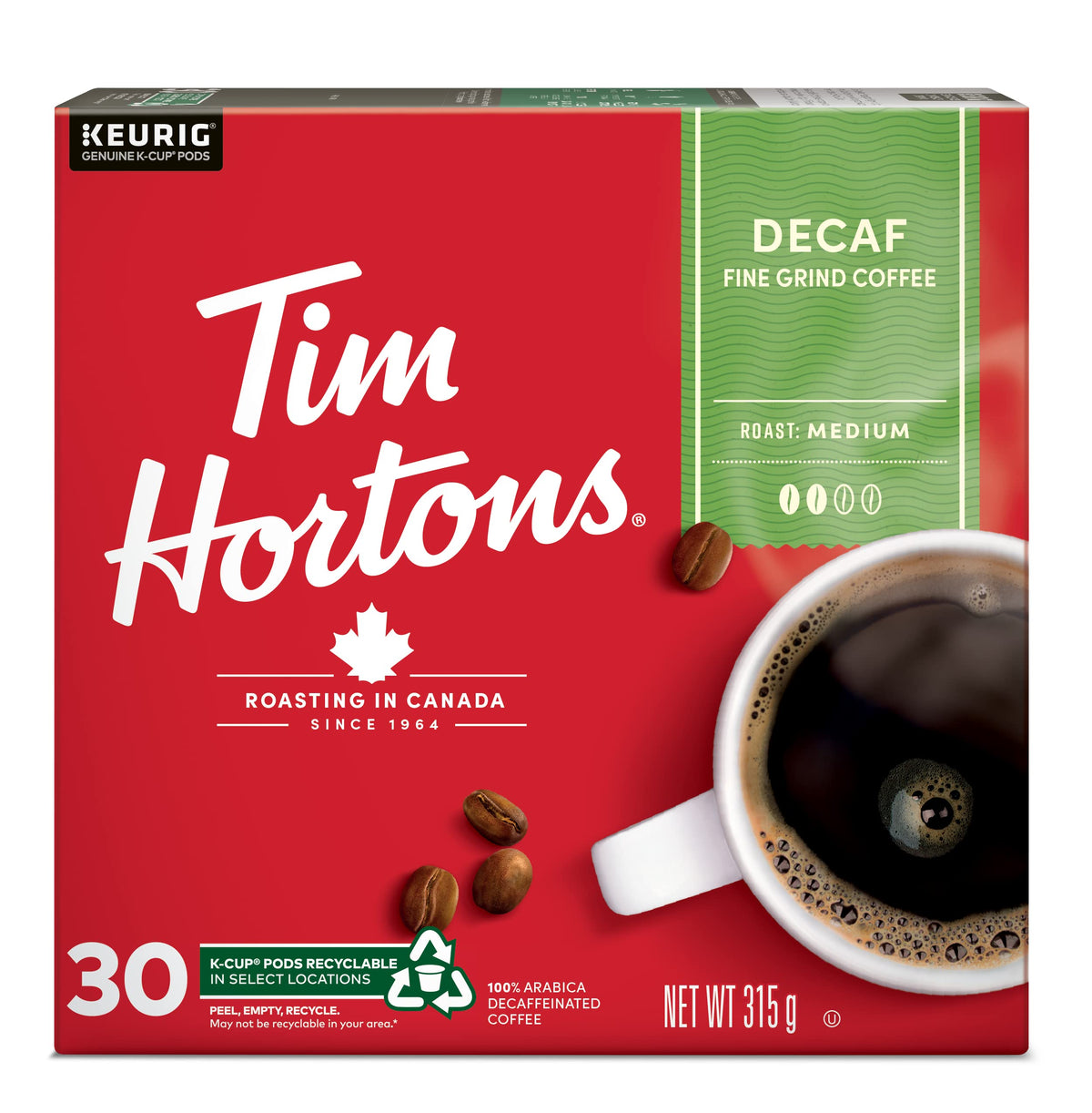 Tim Hortons Decaf Coffee, Single Serve Keurig K-Cup Pods, Medium Roast, 30 Count