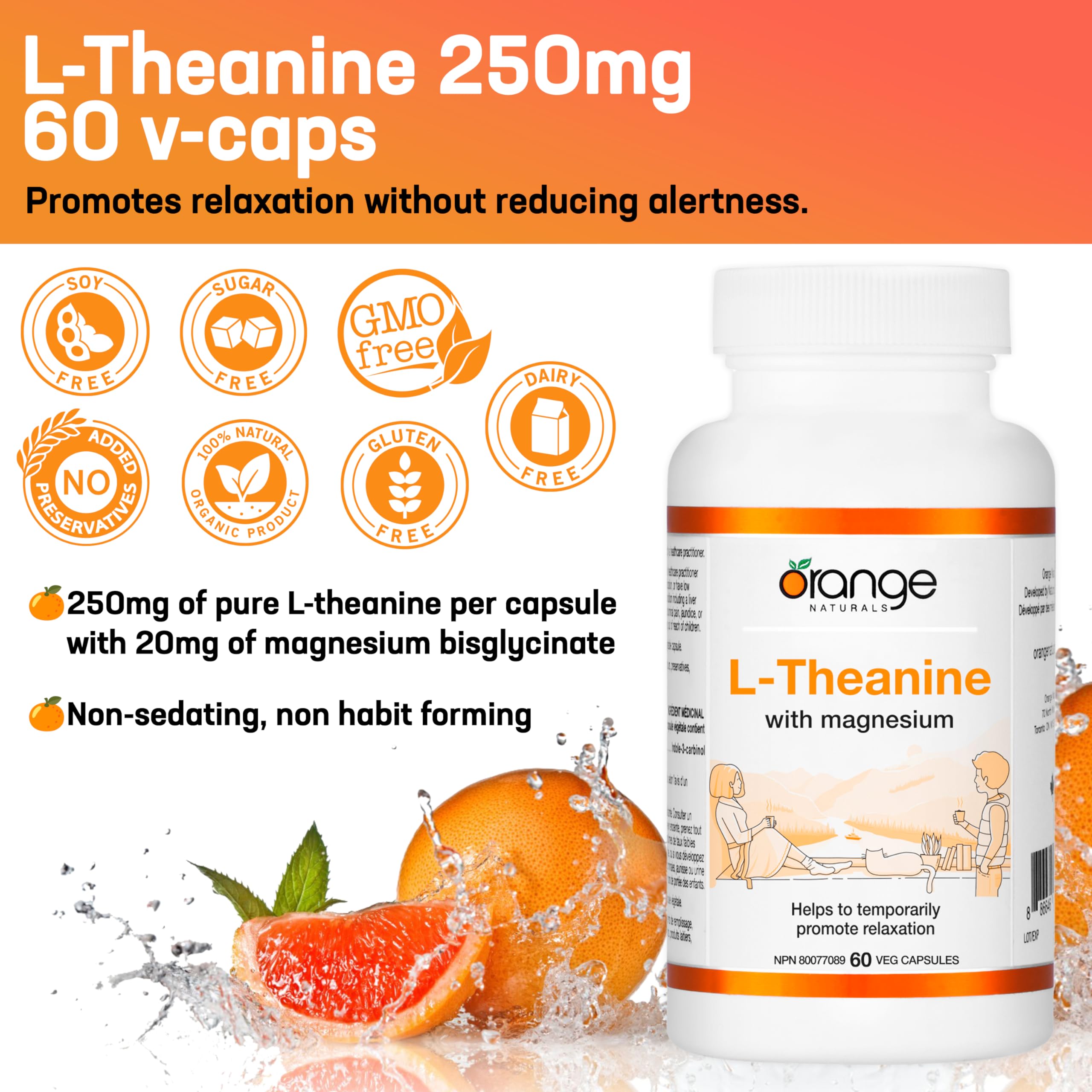Orange Naturals - L-Theanine with Magnesium Bisglycinate 250mg, 60 Capsules 60-Day Supply - Enhanced Sleep and Relaxation Support without Drowsiness, Promotes Mental Calmness - Vegan and Non-GMO