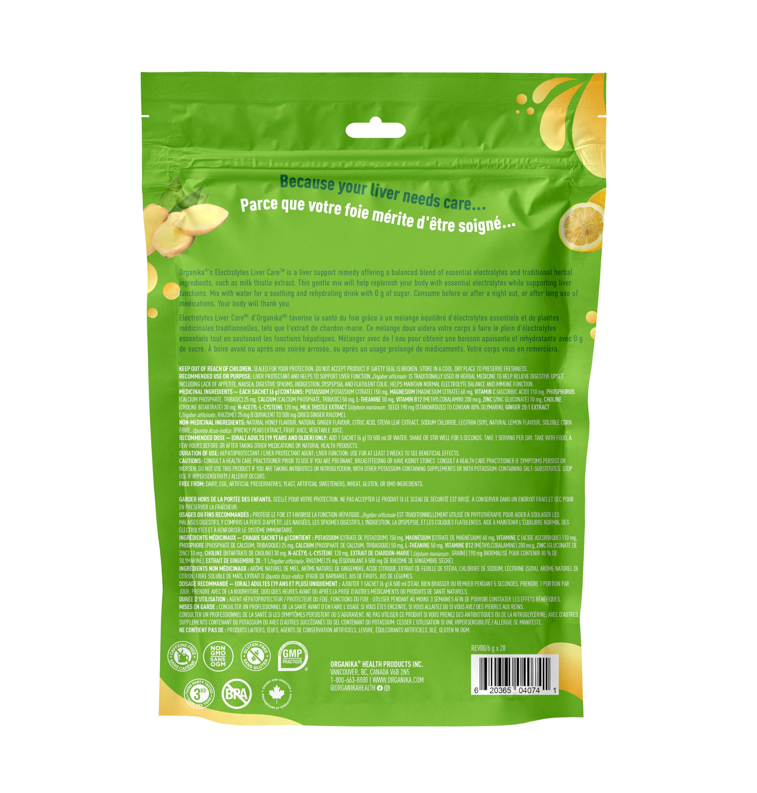Organika Canadian-Made Electrolytes Liver Care with Milk Thistle, Choline, and NAC - Lemon Honey Ginger Flavour - Liver Support + Protection, Electrolyte Balance, Immune Support, Sugar-Free 6g x 20ct
