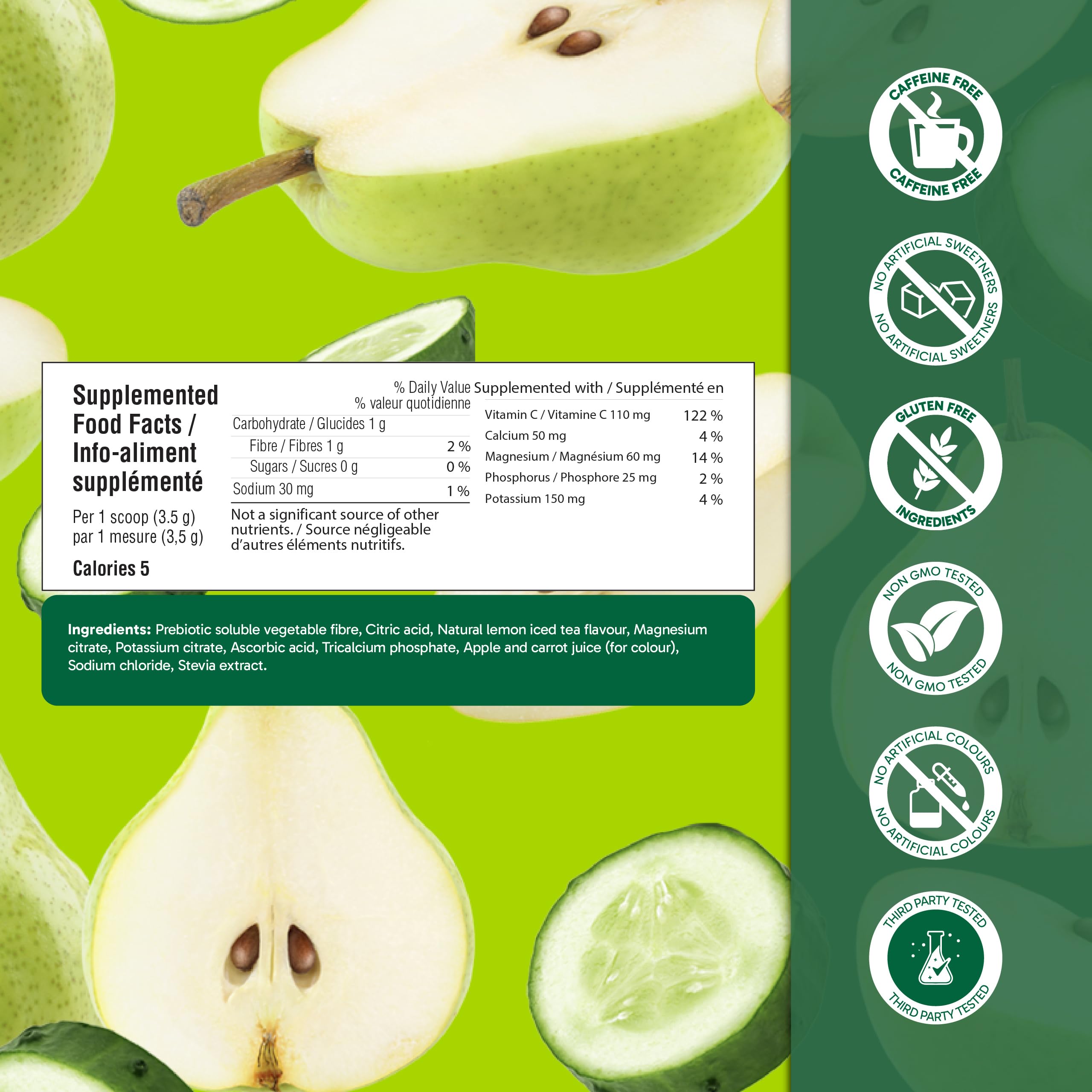 Organika Canadian-Made Electrolytes Powder with Vitamin C & Prebiotic Fibre - Sugar-Free Hydration Drink Mix - Cucumber Pear - 210 g - 60 servings