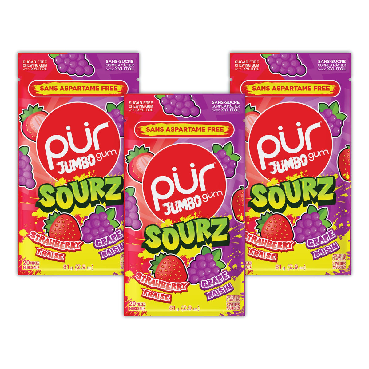 PUR Jumbo SOURZ Gum | Aspartame Free Chewing Gum | 100% Xylitol | Natural Flavour | Sour Strawberry, Sour Grape, 20 Pieces (Pack of 3)
