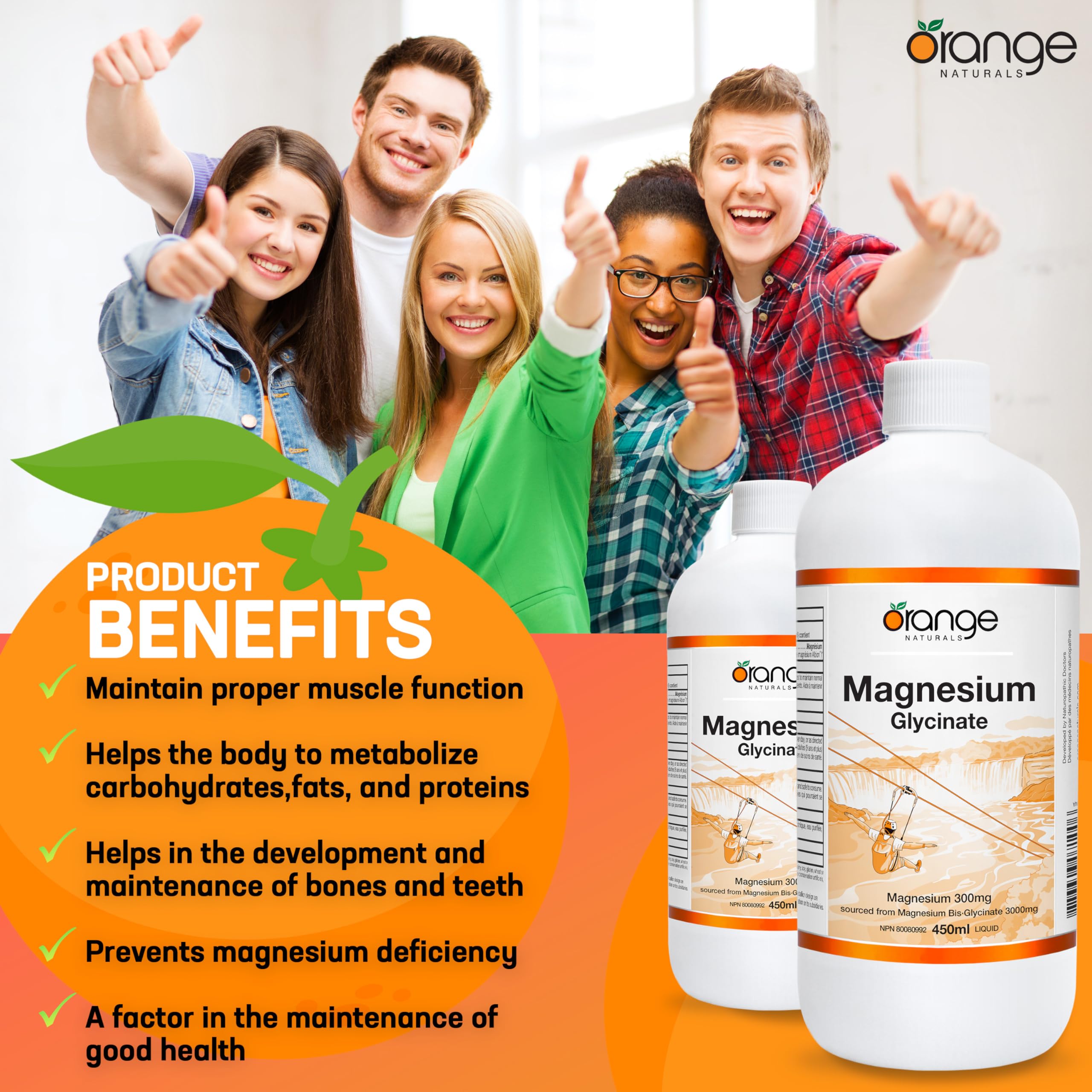 Orange Naturals - Magnesium Glycinate Liquid, 450ml 30-Servings Natural Citrus Flavour - Helps to Maintain Bones and Teeth and Proper Muscle Function - Promotes Relaxation & Calmness - Vegan & Non-GMO