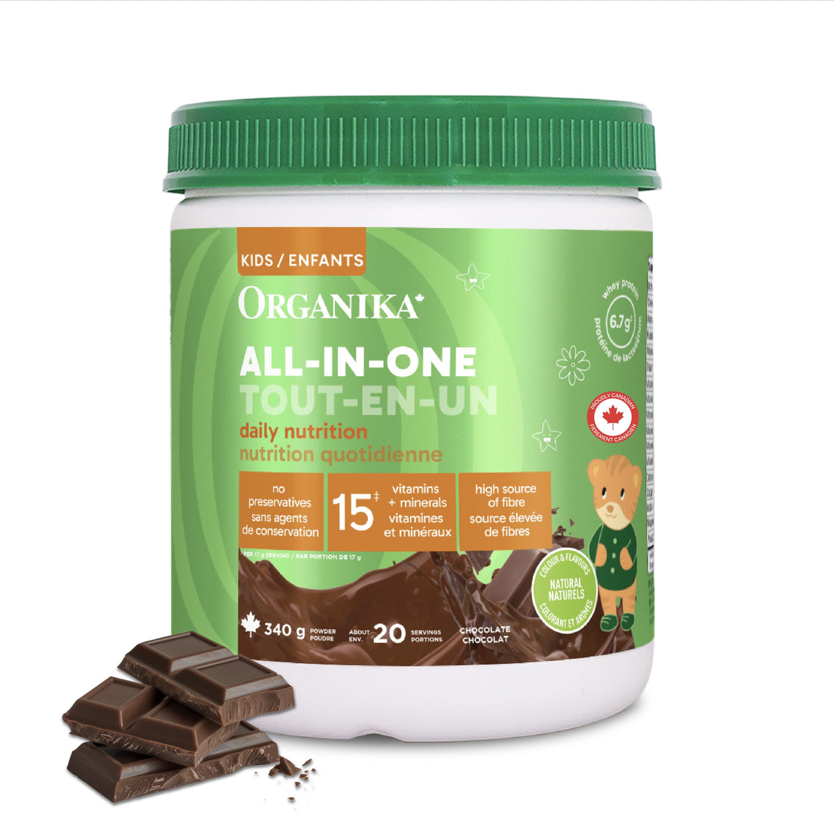 Organika Kids All-in-One Daily Nutrition Powder- Chocolate Flavour – 6g Whey Protein + 19 Vitamins & Minerals – Prebiotic Fibre for Digestion – Complete Nutritional Drink for Kids- 340g