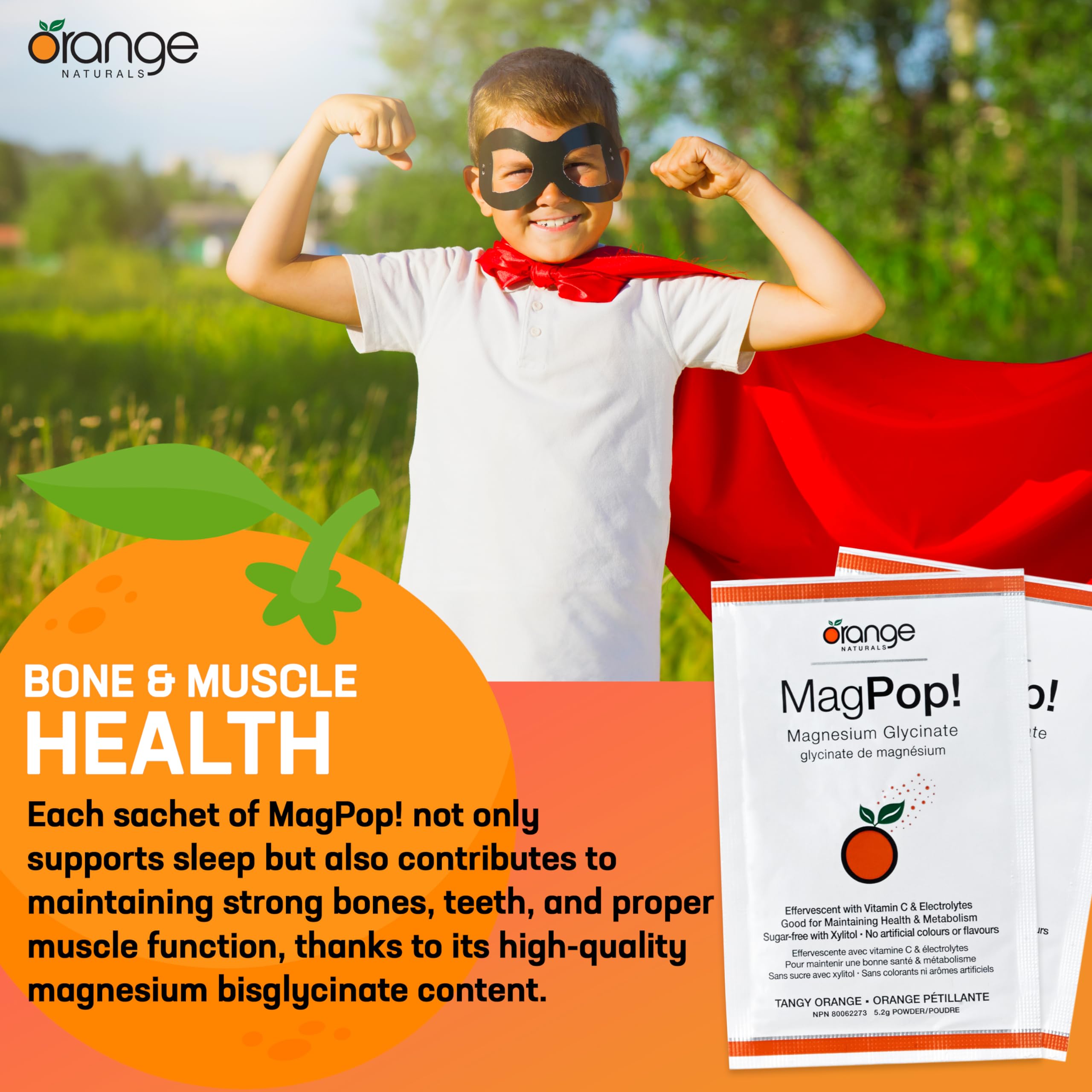 Orange Naturals - MagPop! Effervescent Magnesium Glycinate Drink Powder with Vitamin C, 35 Sachets 35-Day Supply - Electrolyte Balance, Support Sleep, Relaxation & Muscle Function, Bone & Teeth Health