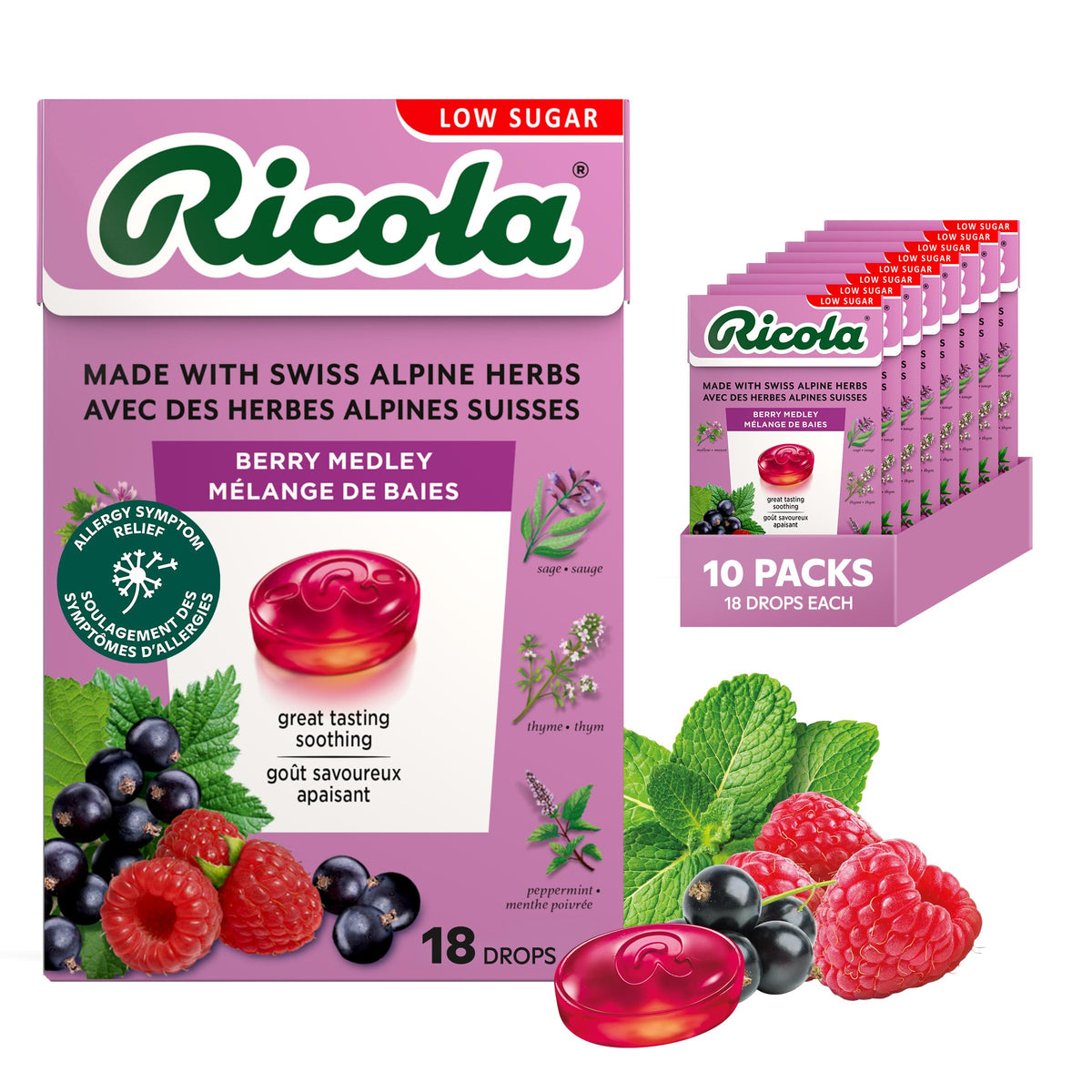 Ricola Berry Medley Herbal Cough Drops with Swiss Alpine Herbs and Low Menthol for Everyday Throat and Voice Care - 180 Count - Throat Lozenges with Low Sugar