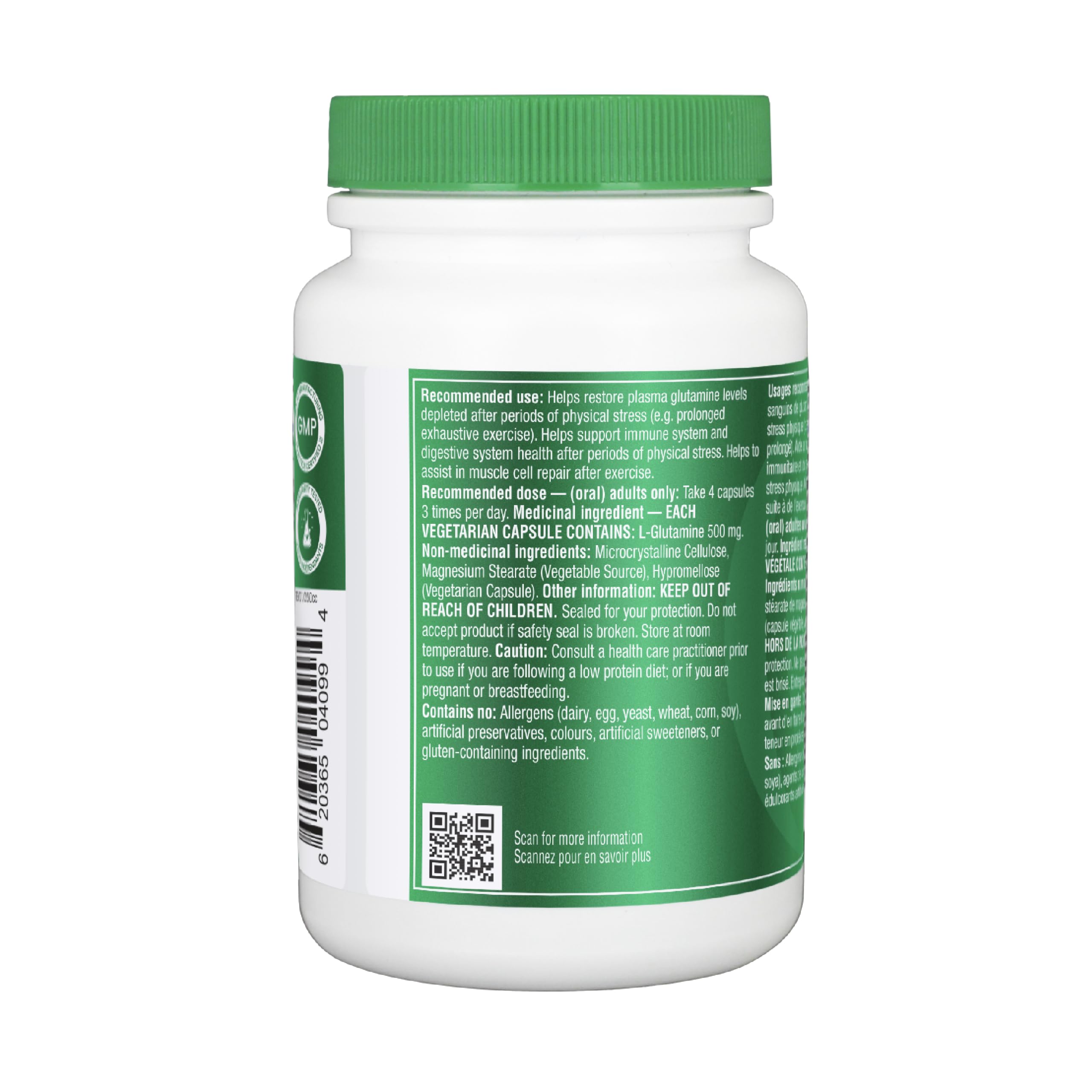 Organika Canadian-Made L-Glutamine - High-Absorption Formula - For Better Immune Defense, Muscle Recovery and Gut Health | 500mg 120vcaps