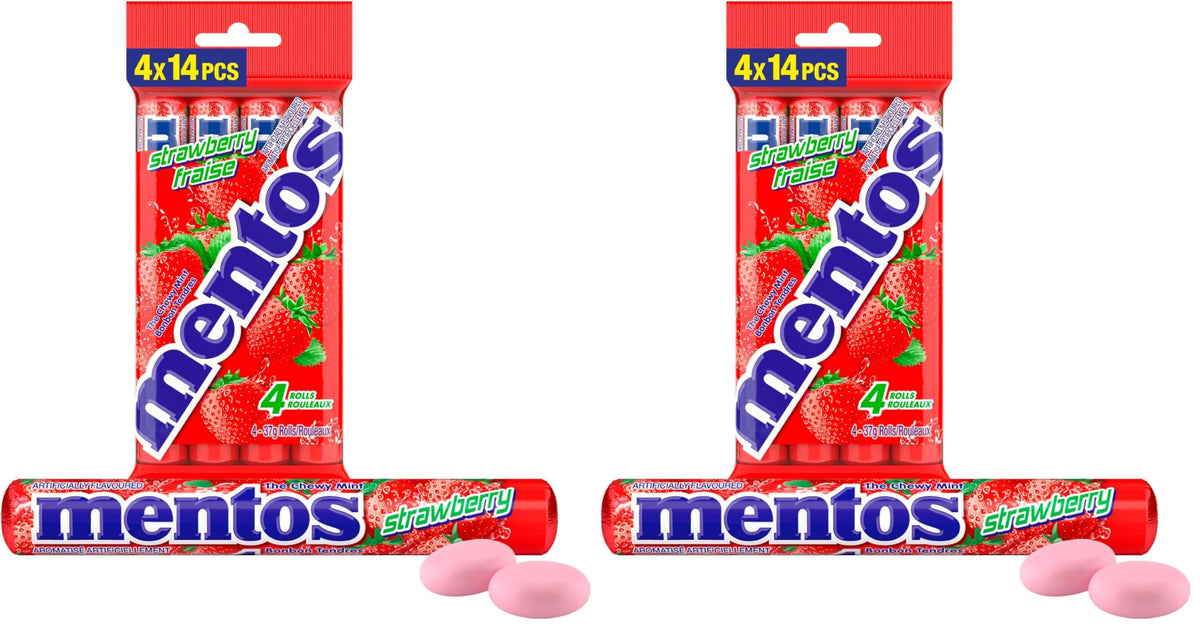 Mentos Chewy Mints, Strawberry - Pack of 8 Rolls (56 Pieces), 37g per roll