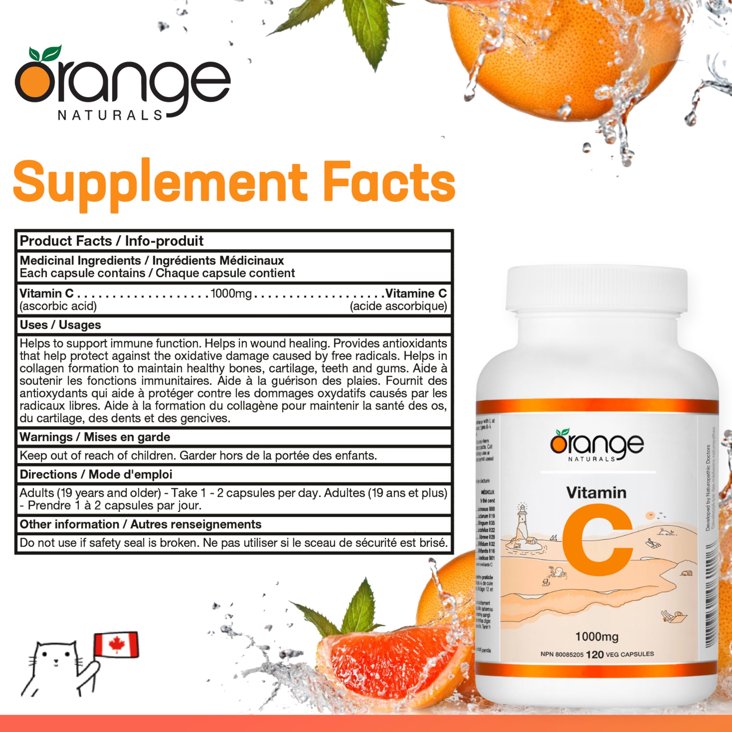 Orange Naturals Vitamin C 1000mg 120 V-Caps, 4 Month Supply, Pure Ascorbic Acid Supplement, Vegan, Daily Convenient, Promotes Wellness, Antioxidant Support, Collagen Formation, Healthy Bones & Teeth
