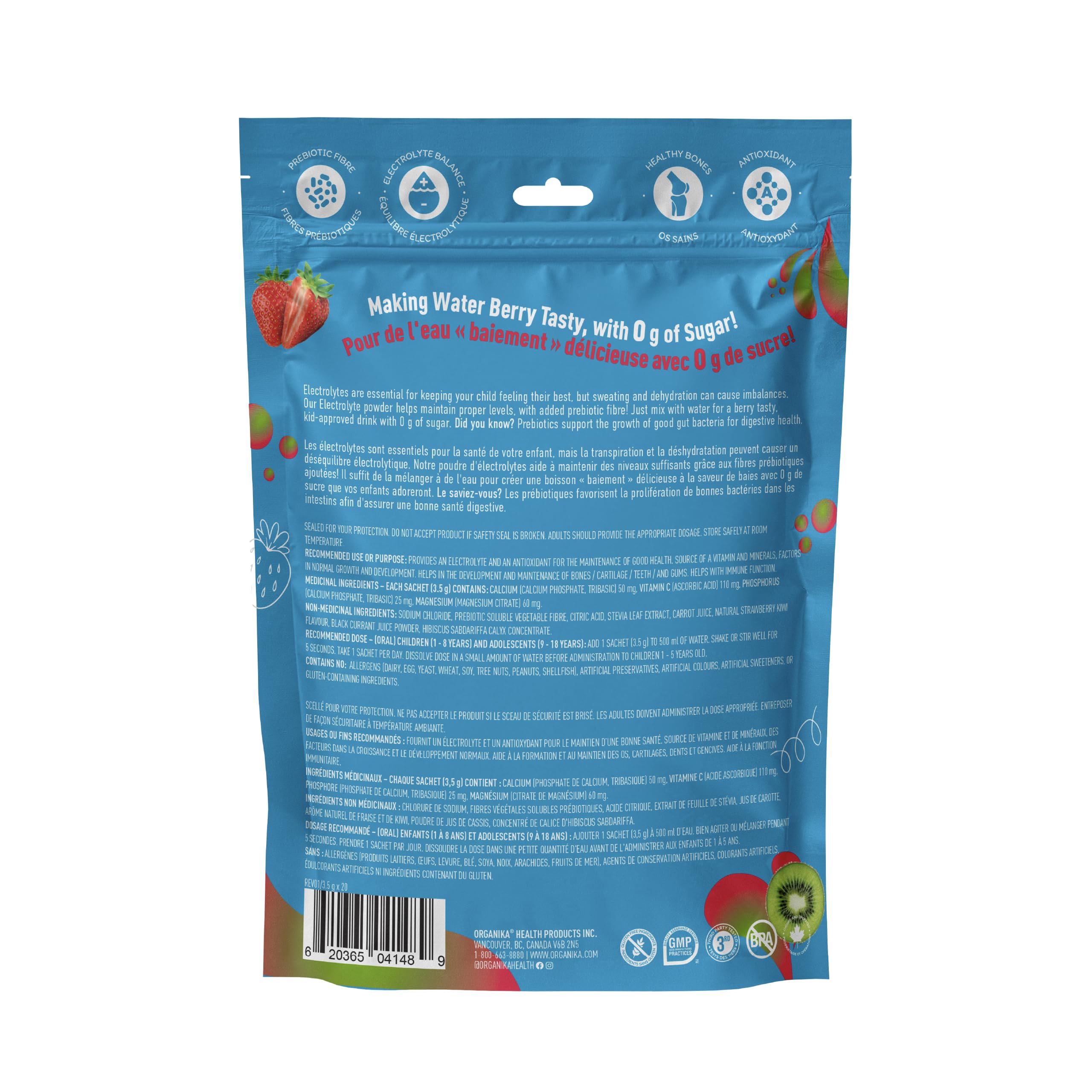 Organika Kids Electrolytes Powder Sticks - Sugar-Free Hydration + Immune support with 100% of daily Vitamin C, Minerals and Prebiotic Fibre | Strawberry Kiwi Flavour - 3.5g x 20 sachets