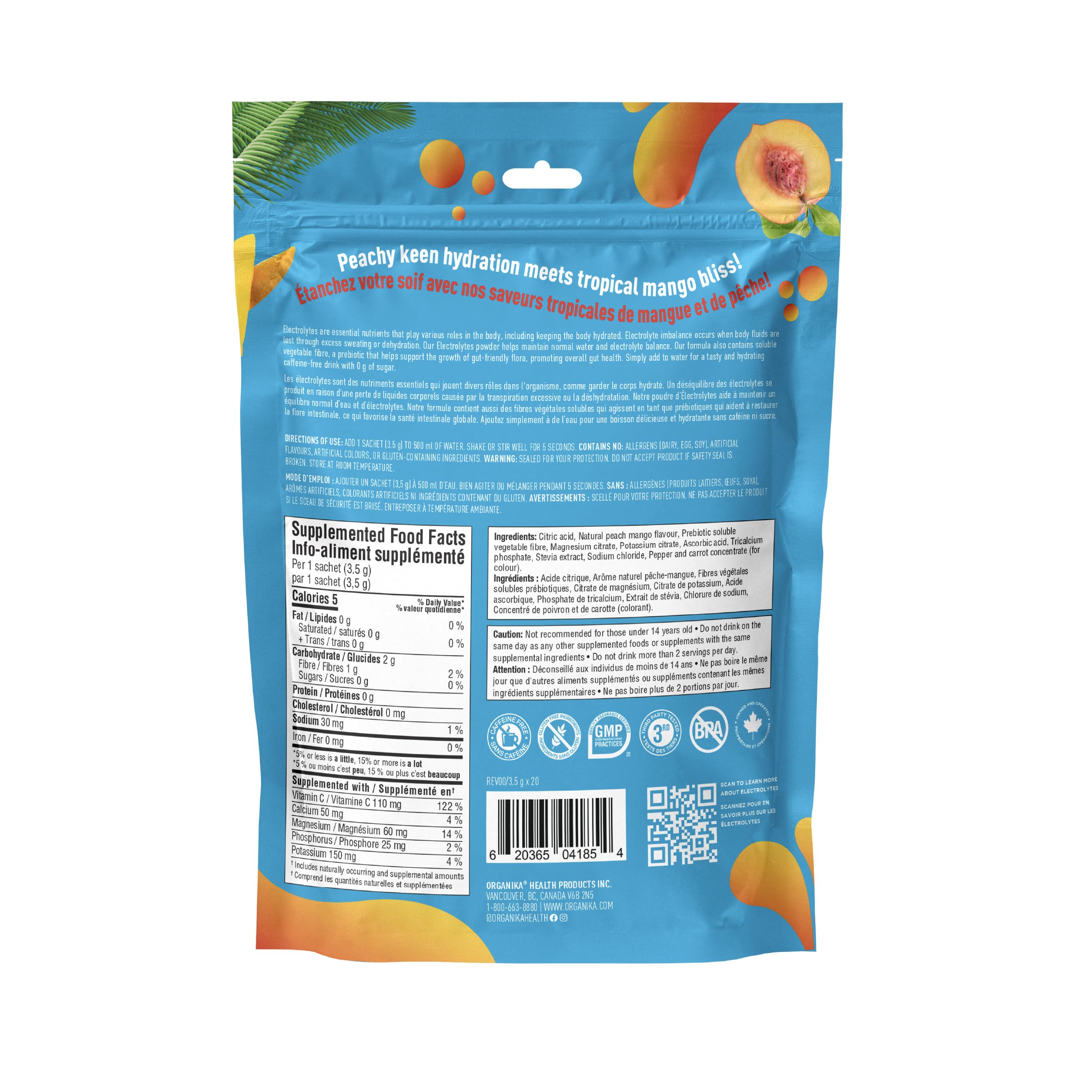 Organika Canadian-Made Electrolytes Powder with Vitamin C & Prebiotic Fibre - Sugar-Free Hydration Drink Mix - Peach Paradise - 20 Single-Serve Sachets x 3.5g