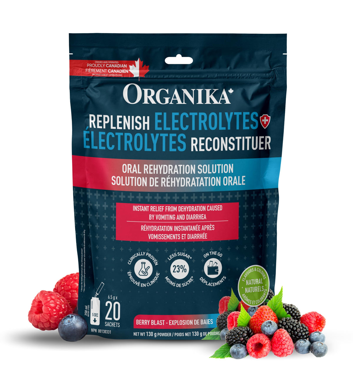 Organika Replenish Electrolytes Powder - Dehydration Relief and Isotonic Electrolyte Powder For Adults, Berry Blast Flavour,Free from Artificial Preservatives, Sweeteners and Colours - 6.5g x 20 sachets