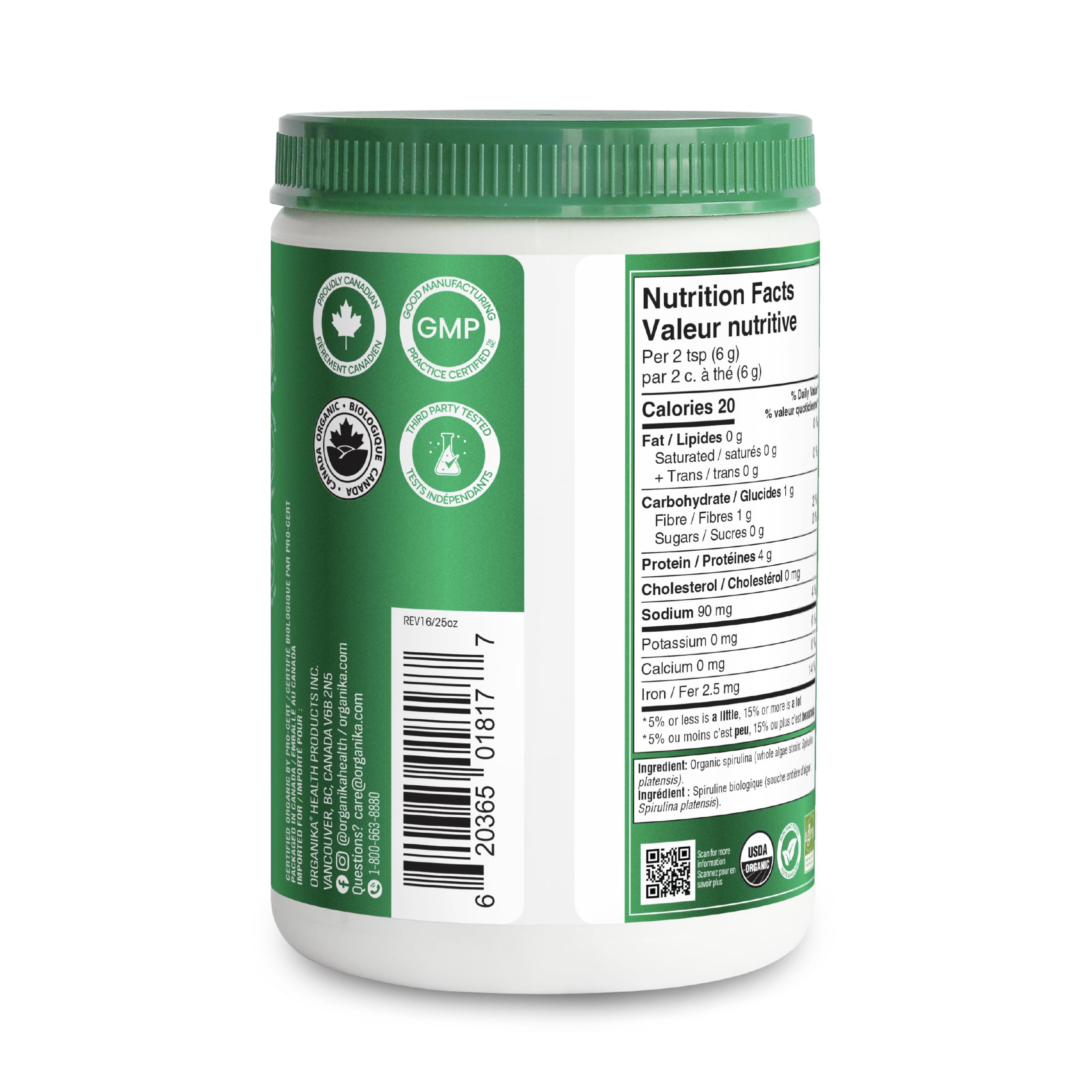 Organika Canadian-Made Certified Organic Spirulina Powder- Superfood, 3rd Party Tested, Pristine Sourcing, Vegan- 300g