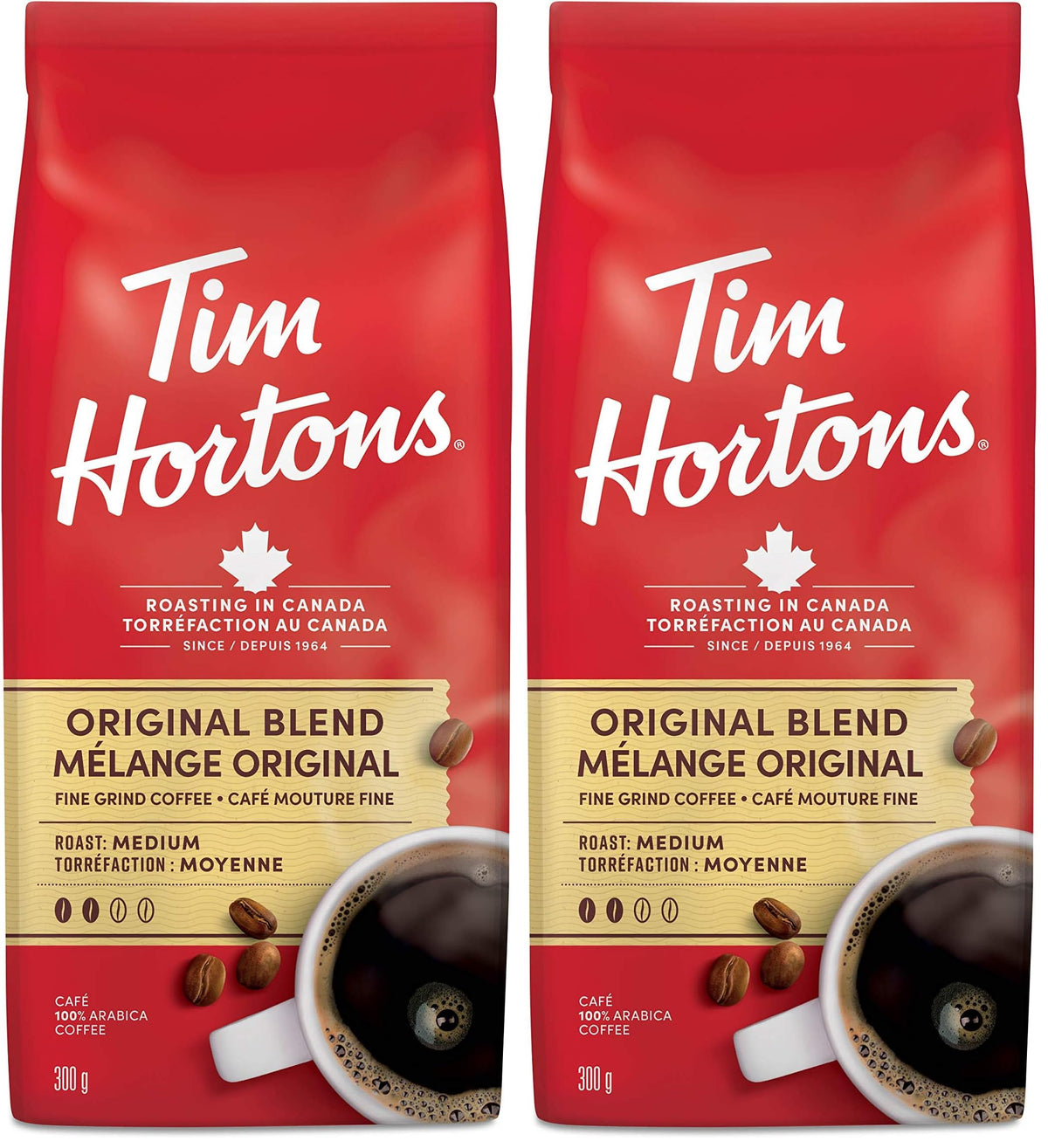 Tim Hortons Original Coffee, Fine Grind Bag, Medium Roast, 300g (Pack of 2)