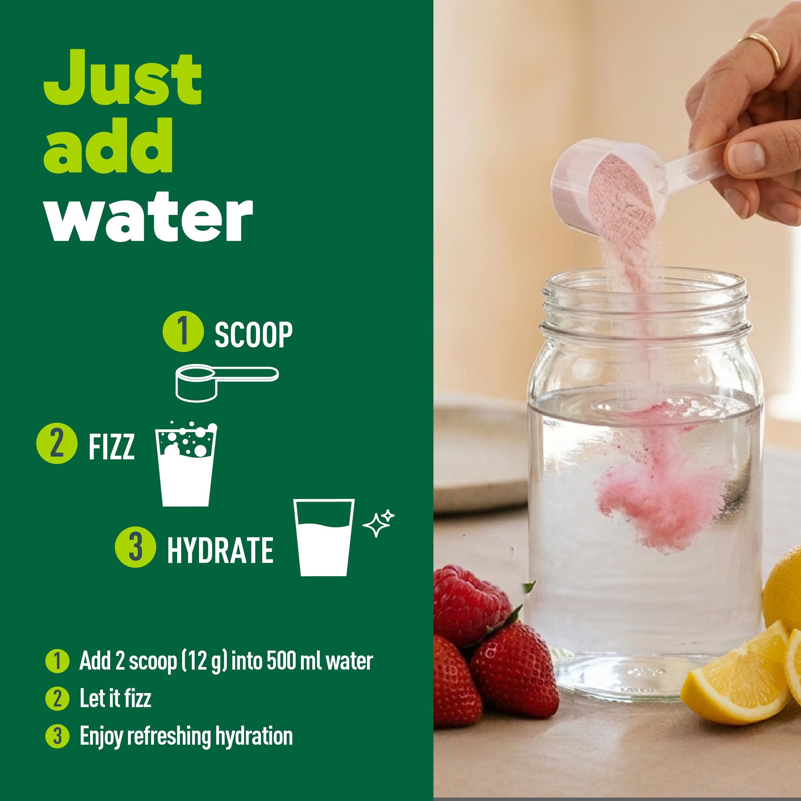 Organika Canadian-Made Electrolytes + Enhanced Collagen - Daily Hydration Powder with 5g of Collagen for Hair, Skin and Nails, 100% of Daily Vitamin C, Zesty Lemon Berry Flavour, 360 g, 30 Servings