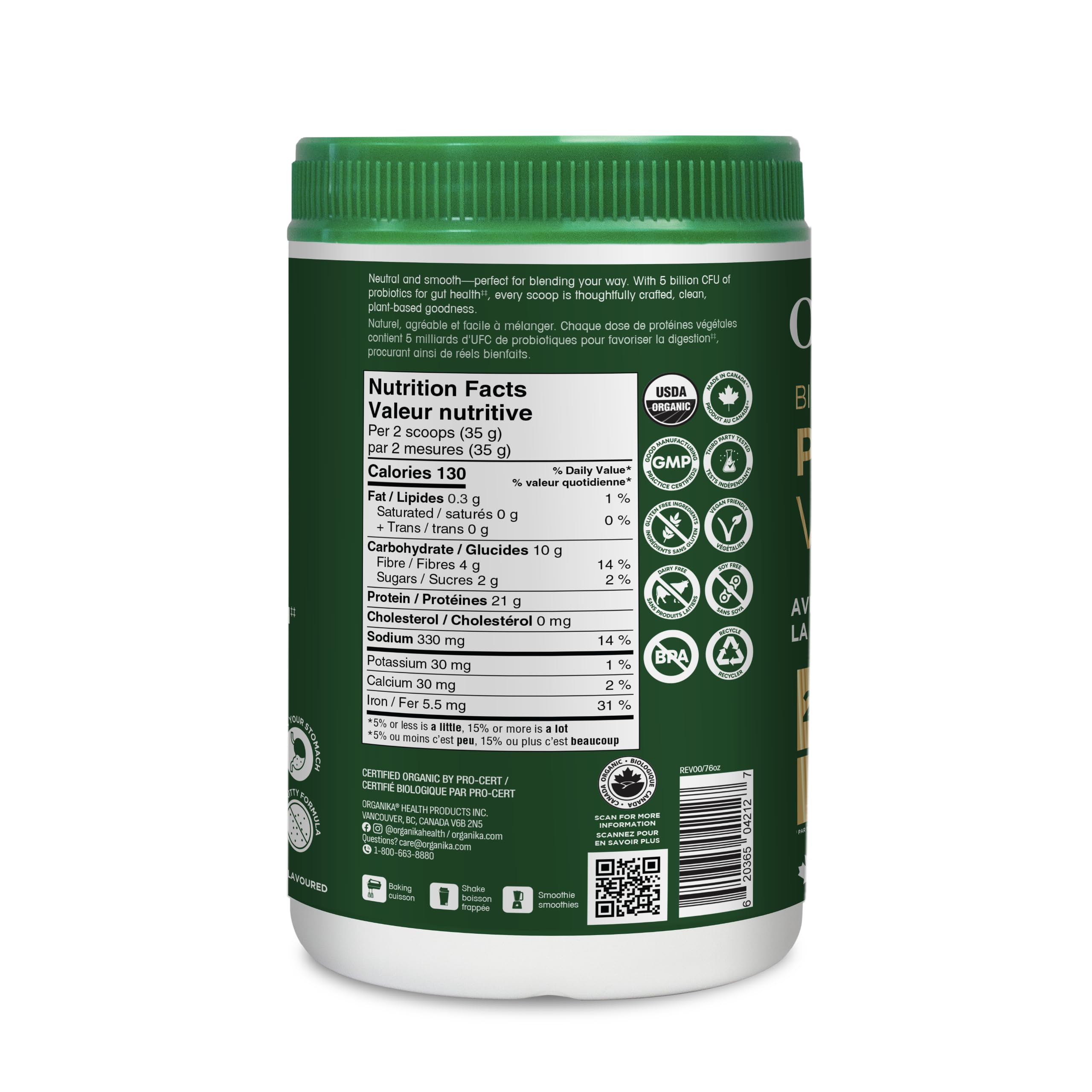 Organika Organic Plant Protein Powder Unflavoured with Prebiotics & Probiotics – 21g Protein,4g Fibre,5 Billion CFU – Supports Digestion,Energy – Low Sugar,Non-GMO– 694g