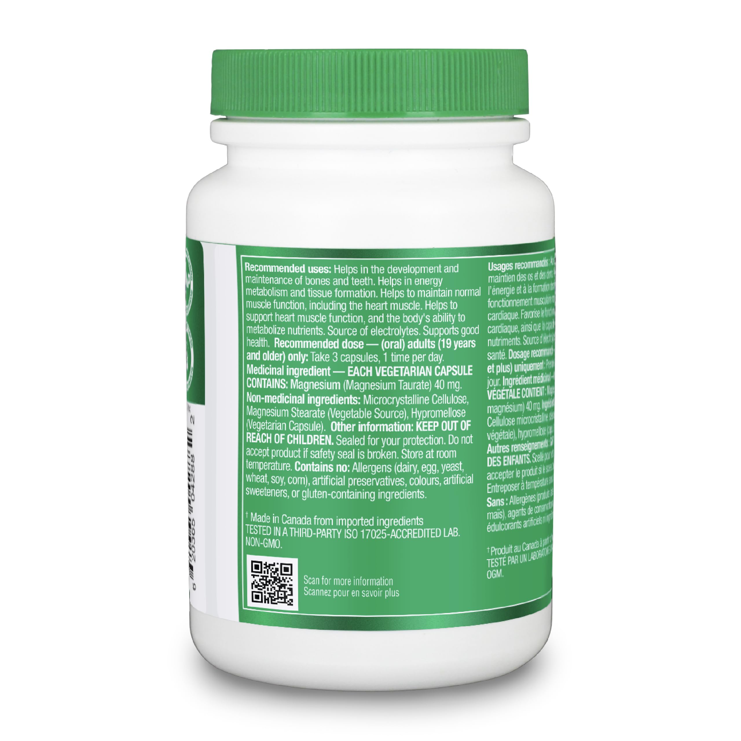 Organika Canadian-Made Magnesium Taurate - Heart & Muscle Function Support | Chelated with Taurine | Gentle on Digestion | Energy & Electrolyte Support | 180 Vegetarian Capsules