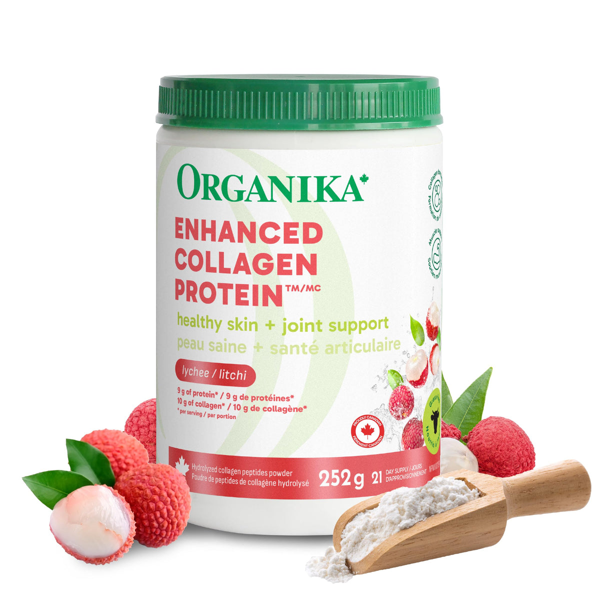 Organika Canadian-Made Enhanced Collagen Protein Powder- Lychee Flavour - Delicious flavour, High Protein Content - Hydrolyzed For Better Absorption – Grass-Fed, Non-GMO - 252g