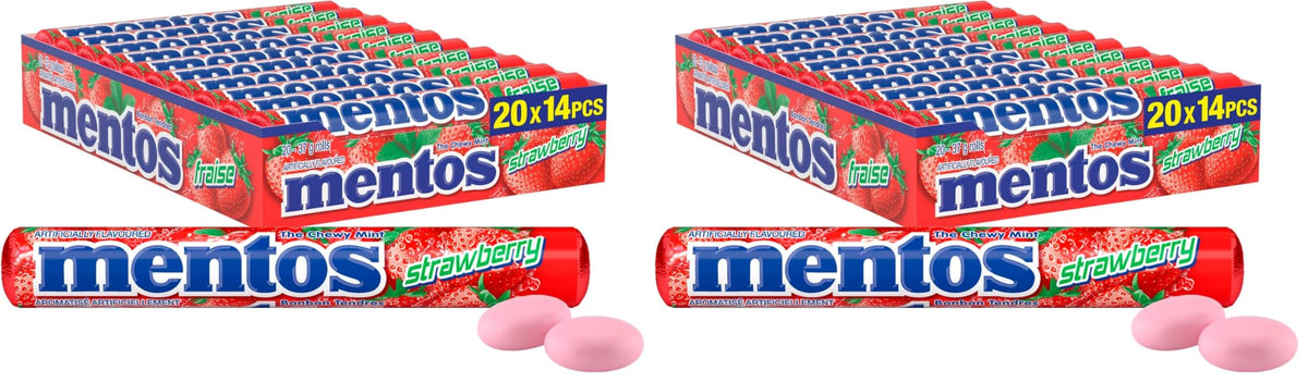 Mentos Chewy Mints, Strawberry - Pack of 40 Rolls (280 Pieces), 37g per roll