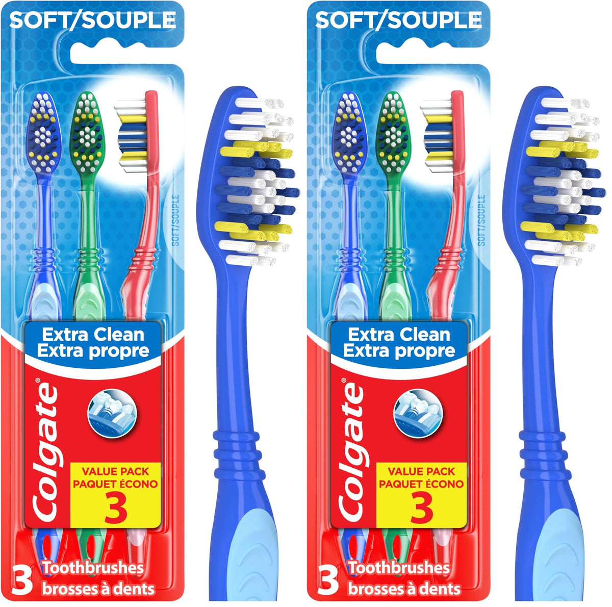 Colgate Extra Clean Toothbrush, Soft, 3 Count, Multi Color (55005) (Pack of 2)