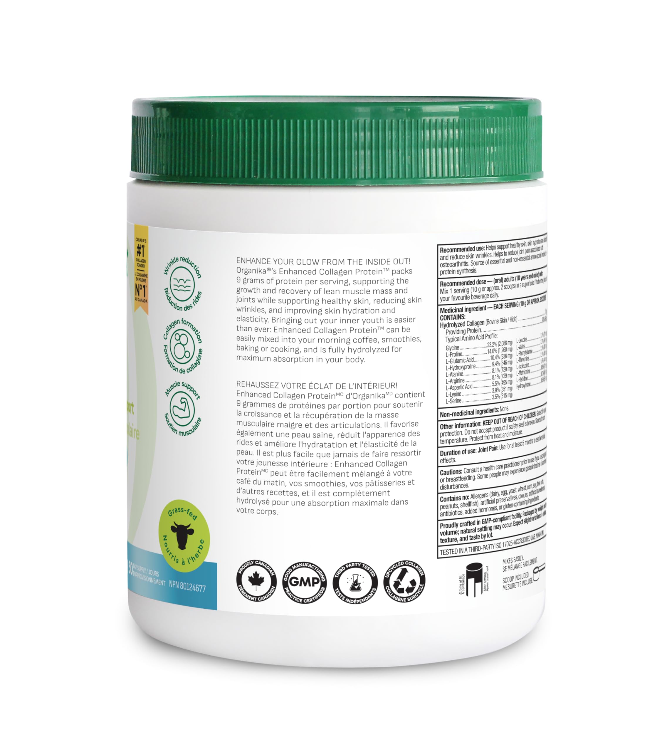 Organika Enhanced Collagen Peptides Powder (Type 1 & 3) – 10g Per Serving for Hair, Skin, Nails & Joints – Canadian-Made, Grass-Fed, Non-GMO, 500g