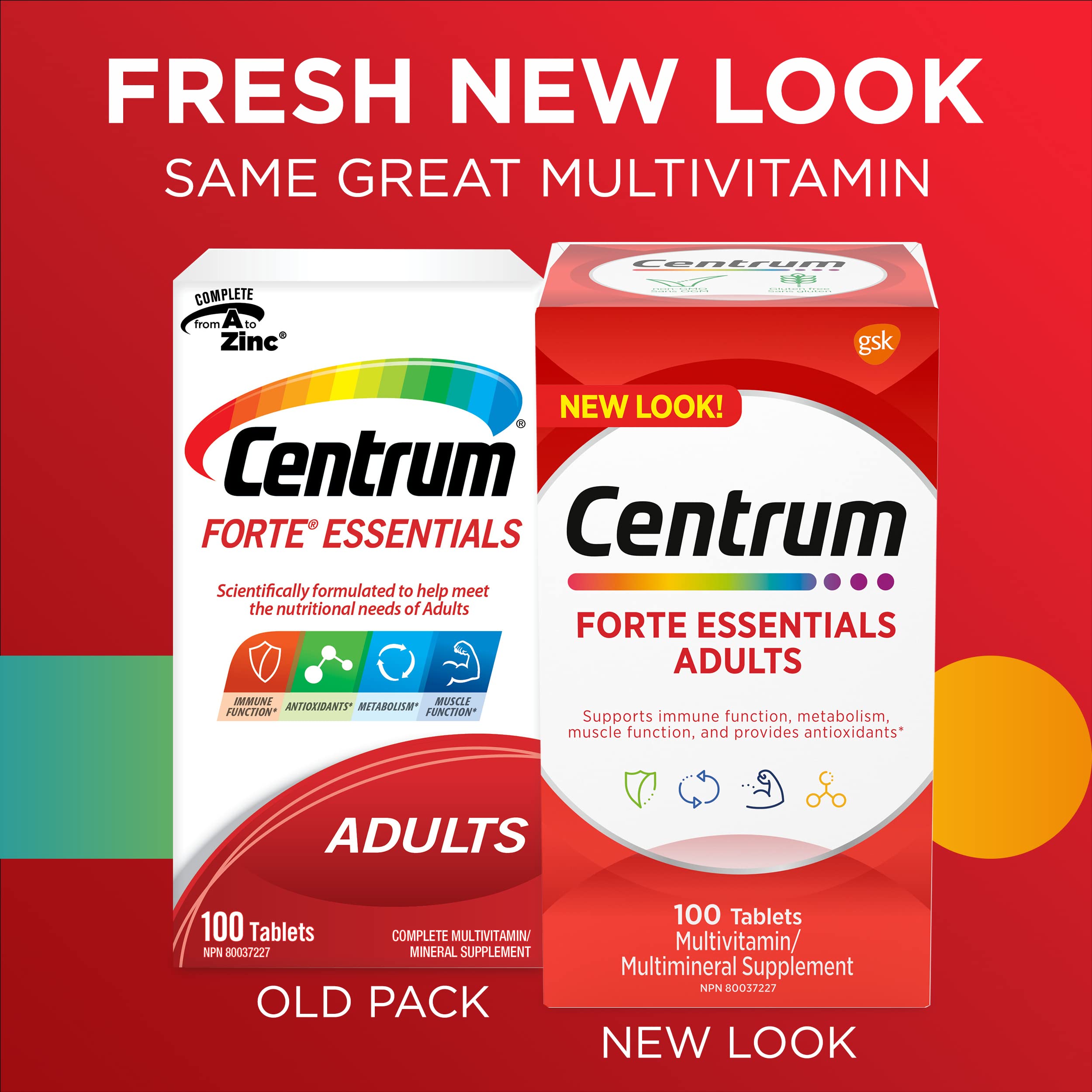 Centrum Adult Forte Essentials Mulitvitamins/Minerals Supplement for Men & Women, 100 Tablets (Packaging May Vary)