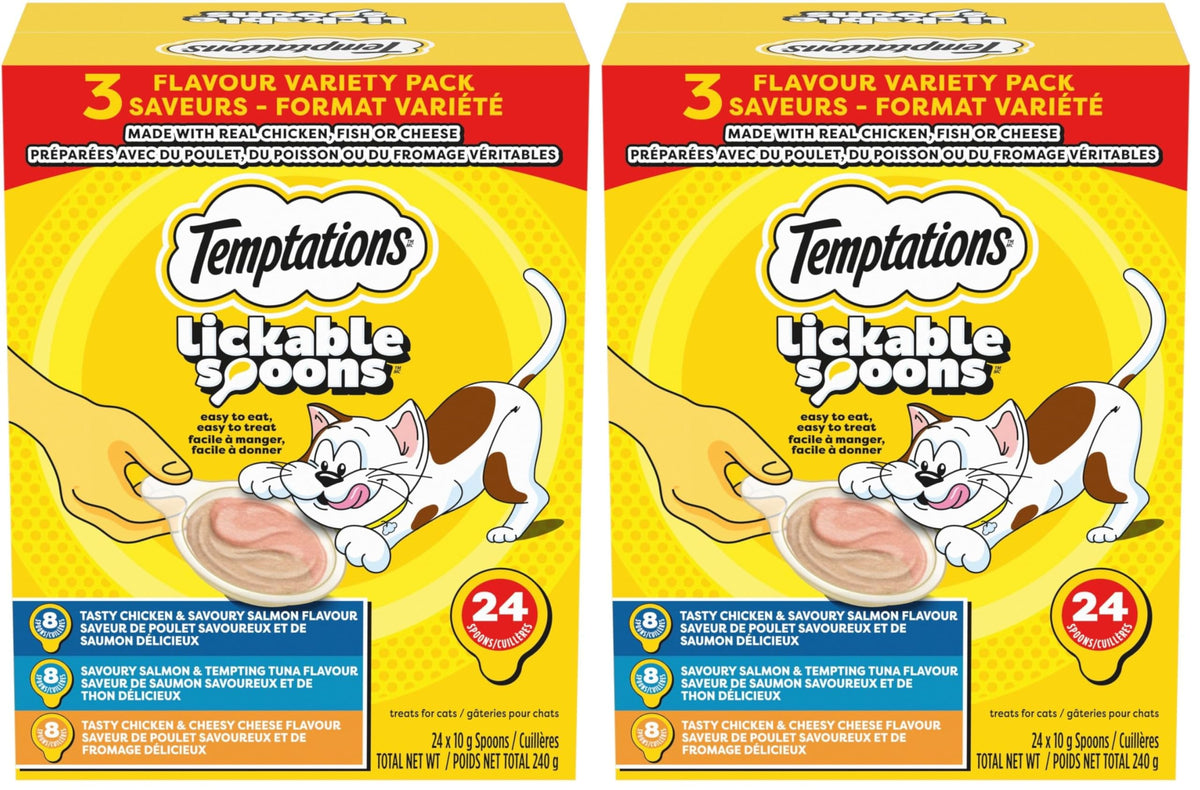 Temptations Lickable Spoons Adult Cat Treats Chicken & Salmon, Salmon & Tuna, Chicken & Cheese Flavours Variety Pack, (24) 10g Spoons (Pack of 2)
