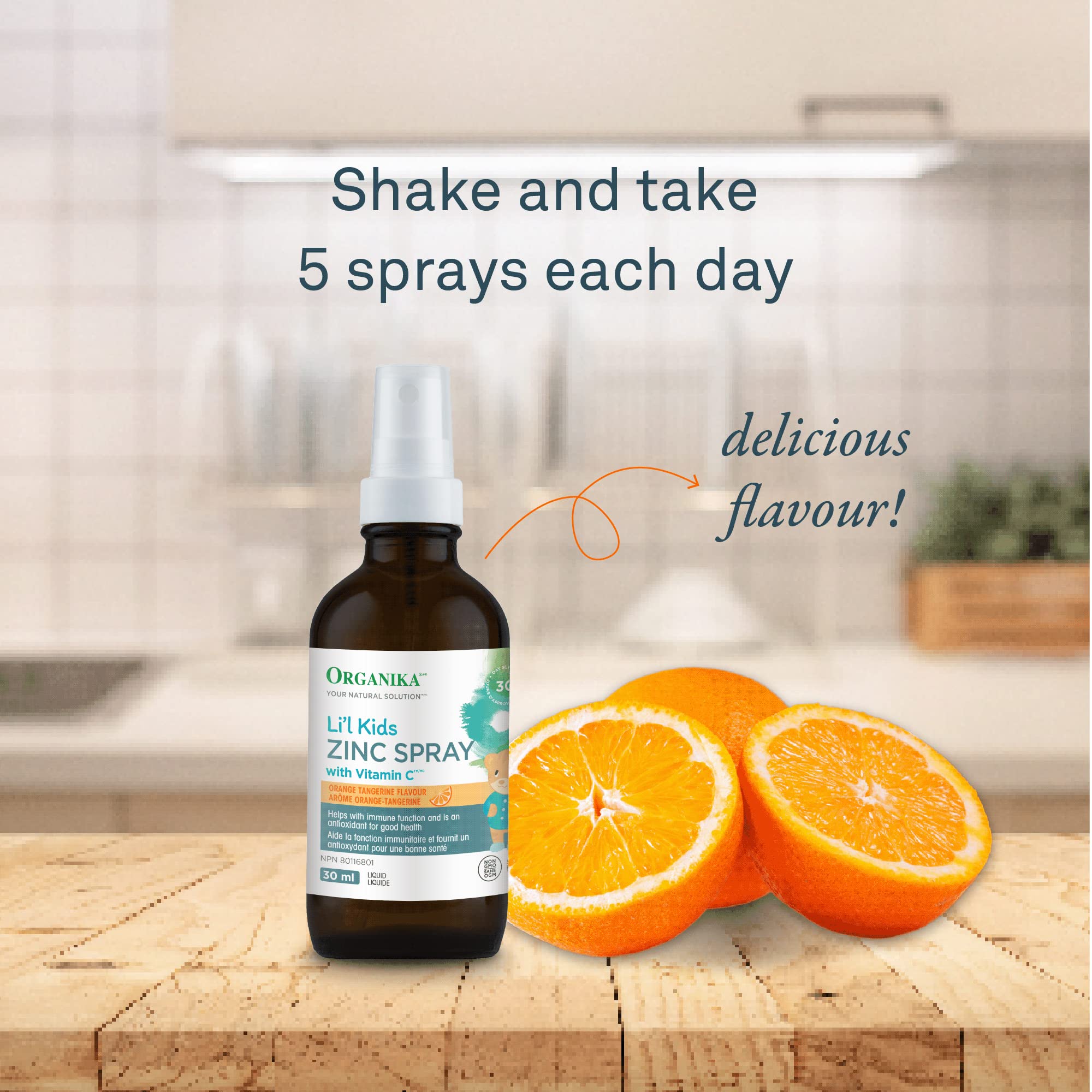 Organika Canadian-Made Kids Zinc Spray with Vitamin C- Orange Tangerine Flavour- Immune Support for your Kids, Easy Spray Format- 30ml