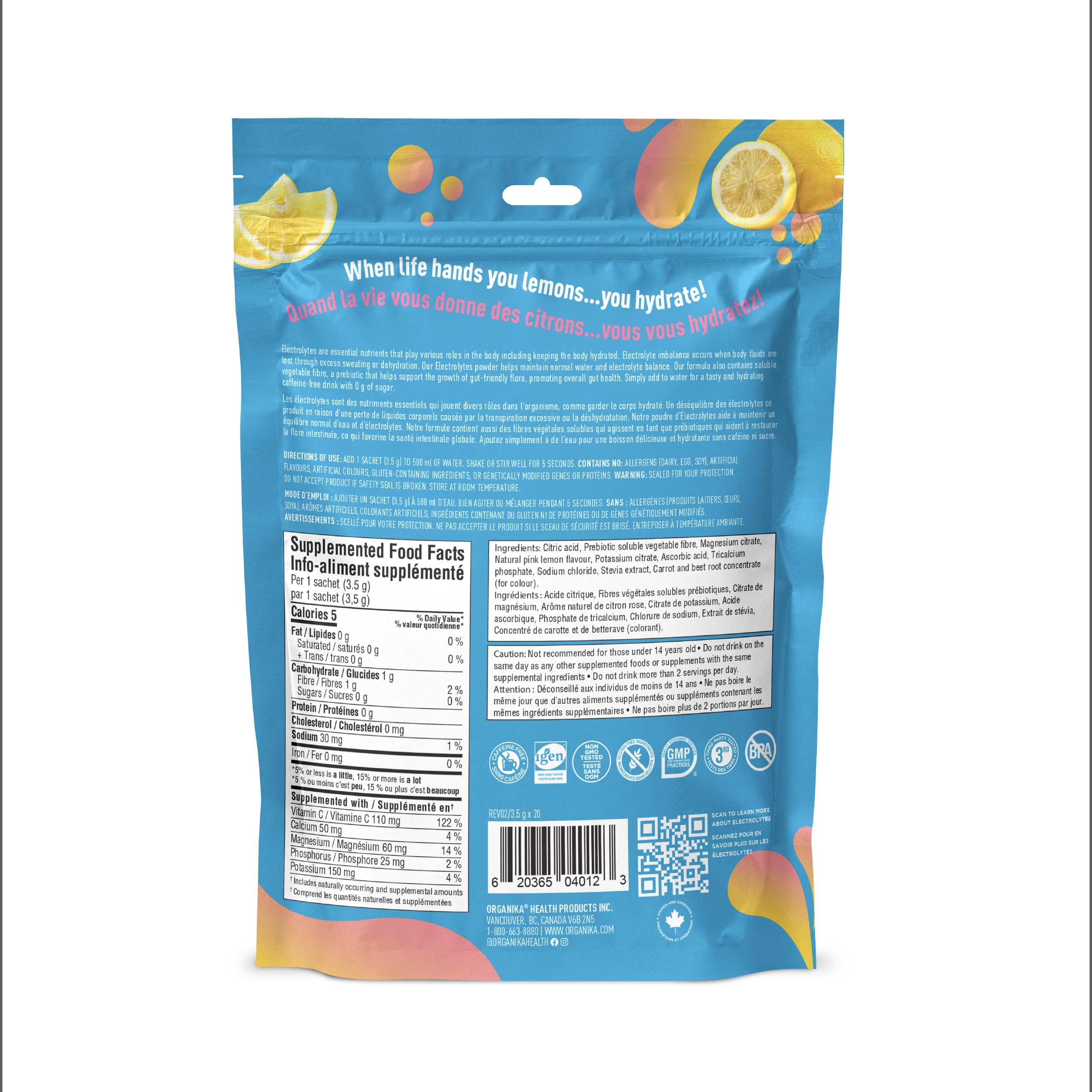 Organika Canadian-Made Electrolytes Powder with Vitamin C & Prebiotic Fibre - Sugar-Free Hydration Drink Mix - Pink Lemonade - 20 Single-Serve Sachets x 3.5g