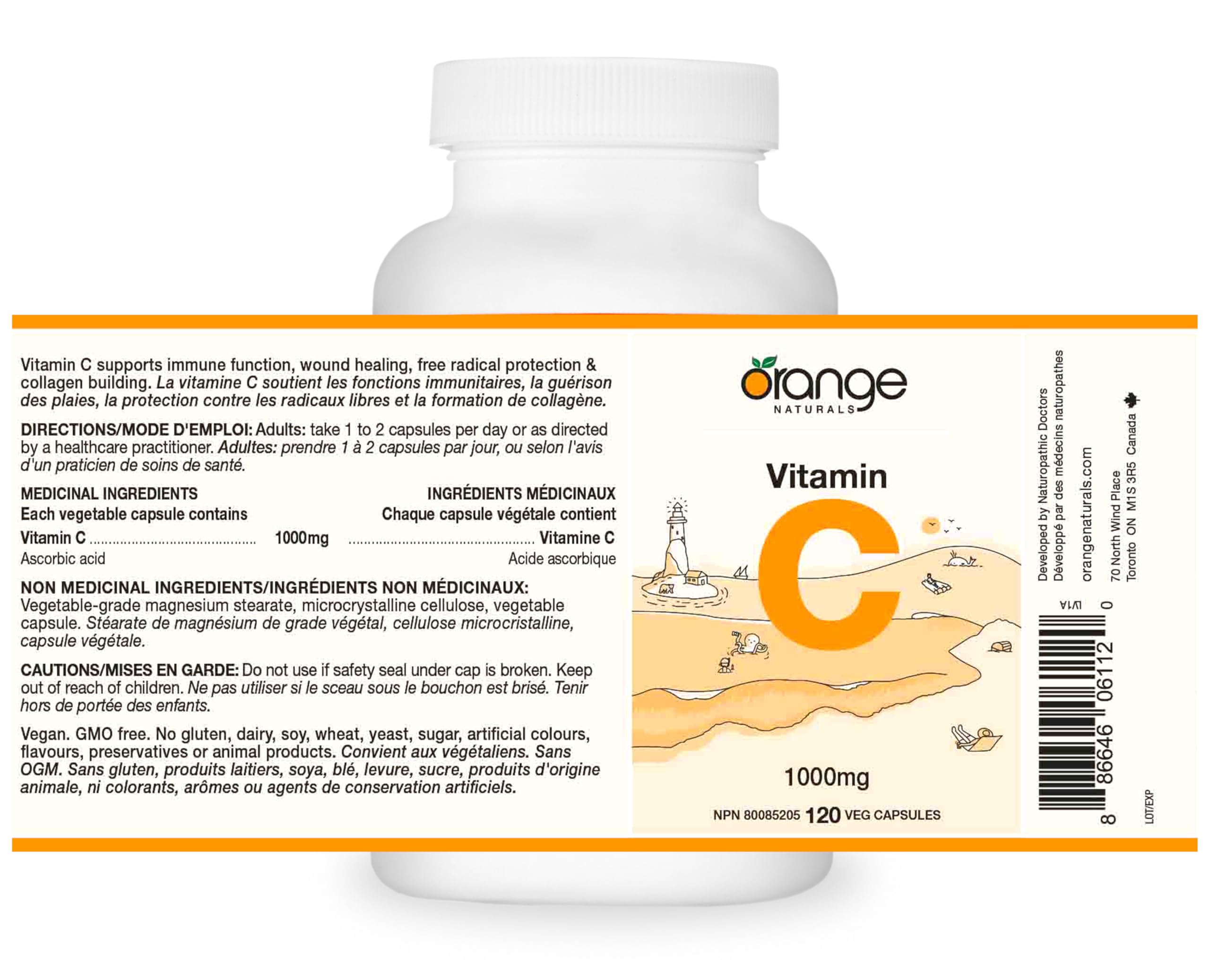 Orange Naturals Vitamin C 1000mg 120 V-Caps, 4 Month Supply, Pure Ascorbic Acid Supplement, Vegan, Daily Convenient, Promotes Wellness, Antioxidant Support, Collagen Formation, Healthy Bones & Teeth