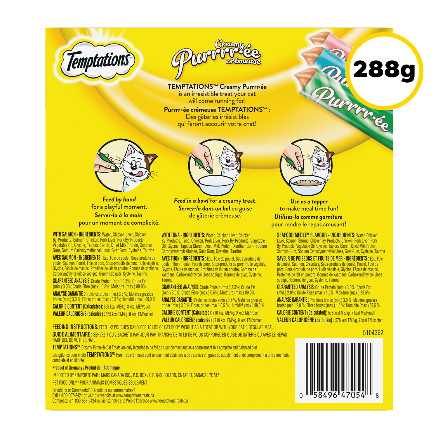 TEMPTATIONS Creamy Puree Adult Lickable Cat Treats, Seafood Variety Pack, Seafood Medley, Salmon, and Tuna Flavours, 120 Pouches