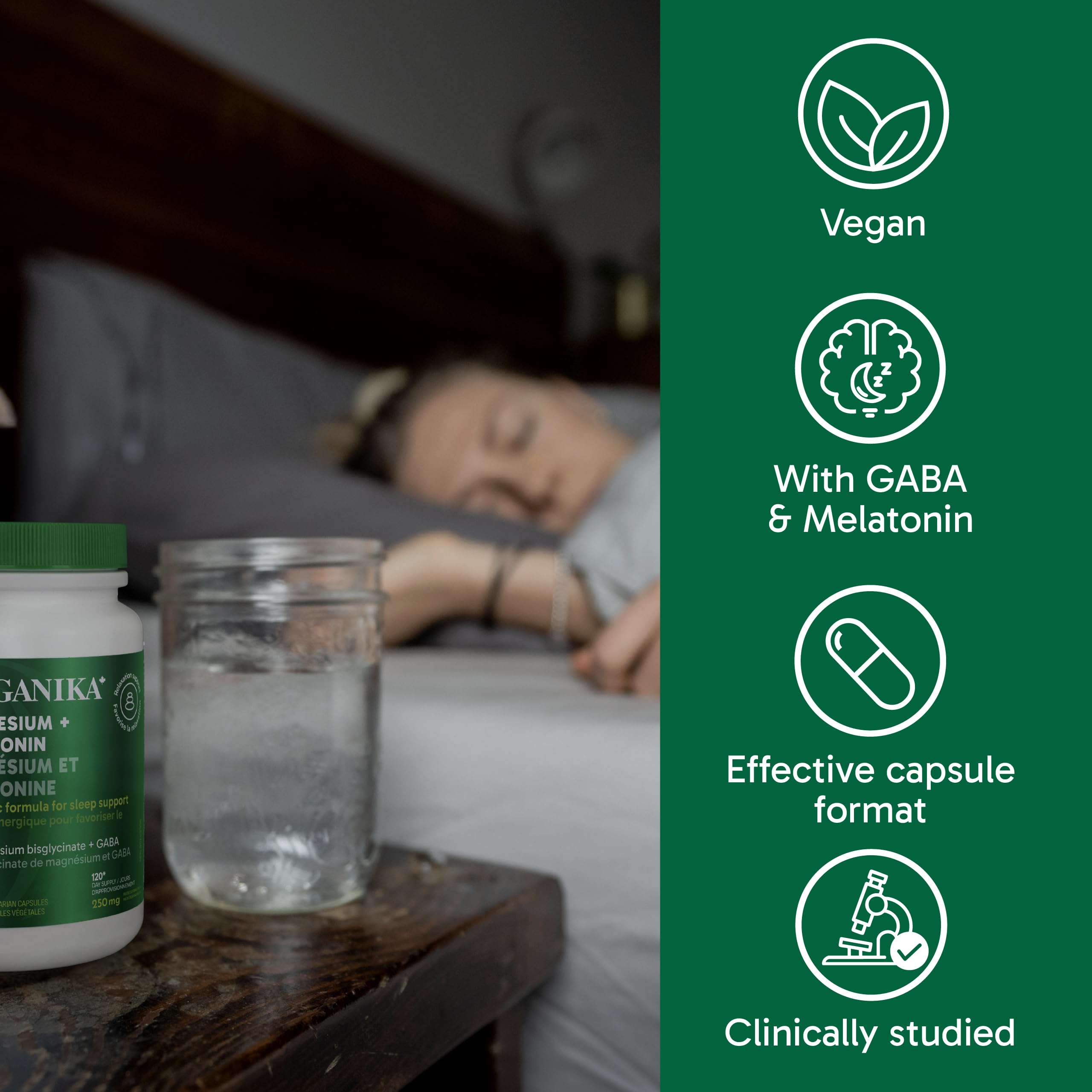 Organika Magnesium + Melatonin + GABA – Natural Sleep & Relaxation Support– Helps Calm the Mind, Ease Muscle Tension & Promote Restful Sleep–125mg Magnesium, 2.5mg Melatonin, 100mg GABA – 120 Capsules