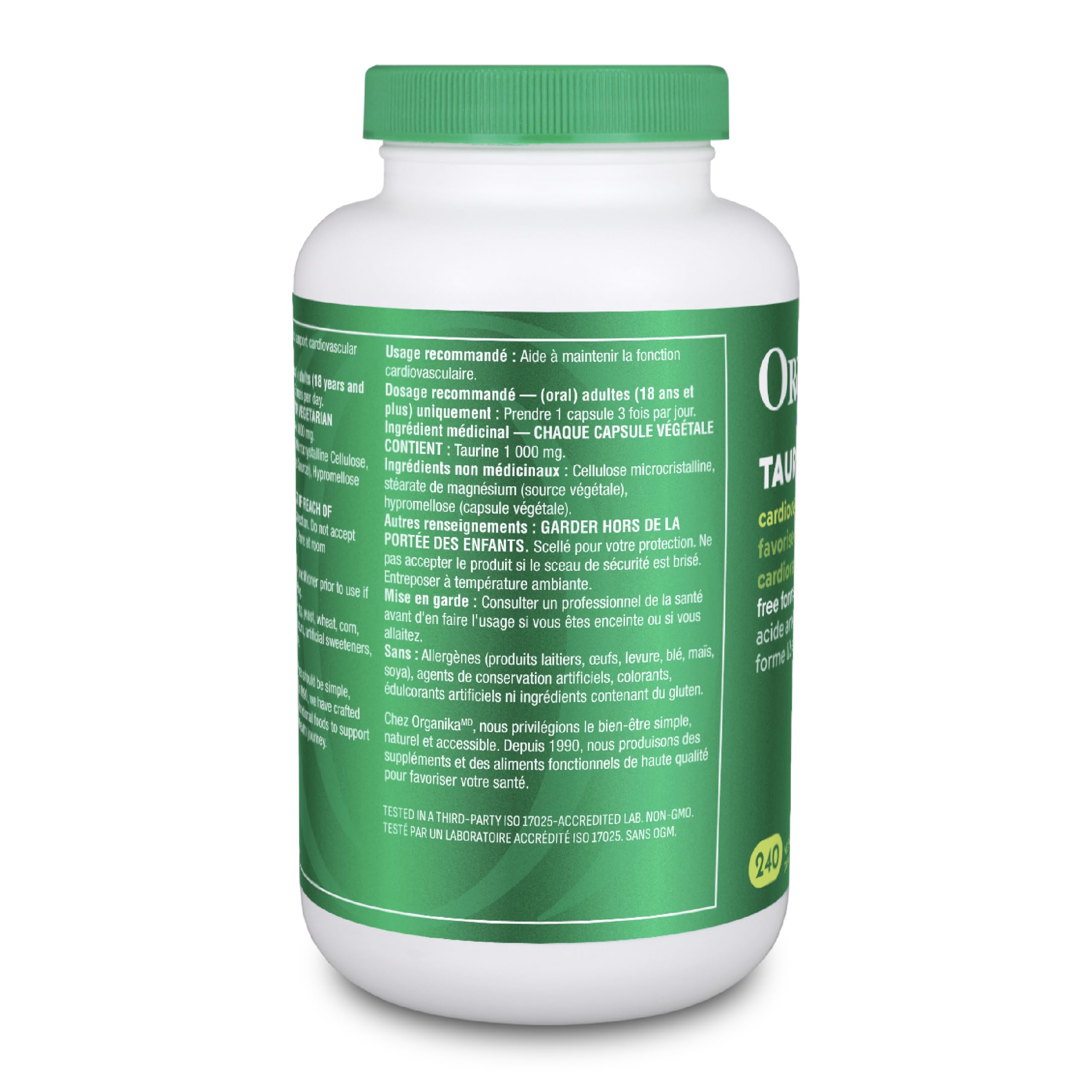 Organika Canadian-Made Taurine Ultra Strength- 1000mg- Supports Cardiovascular Health, 3000mg Daily Dose- 240vcaps