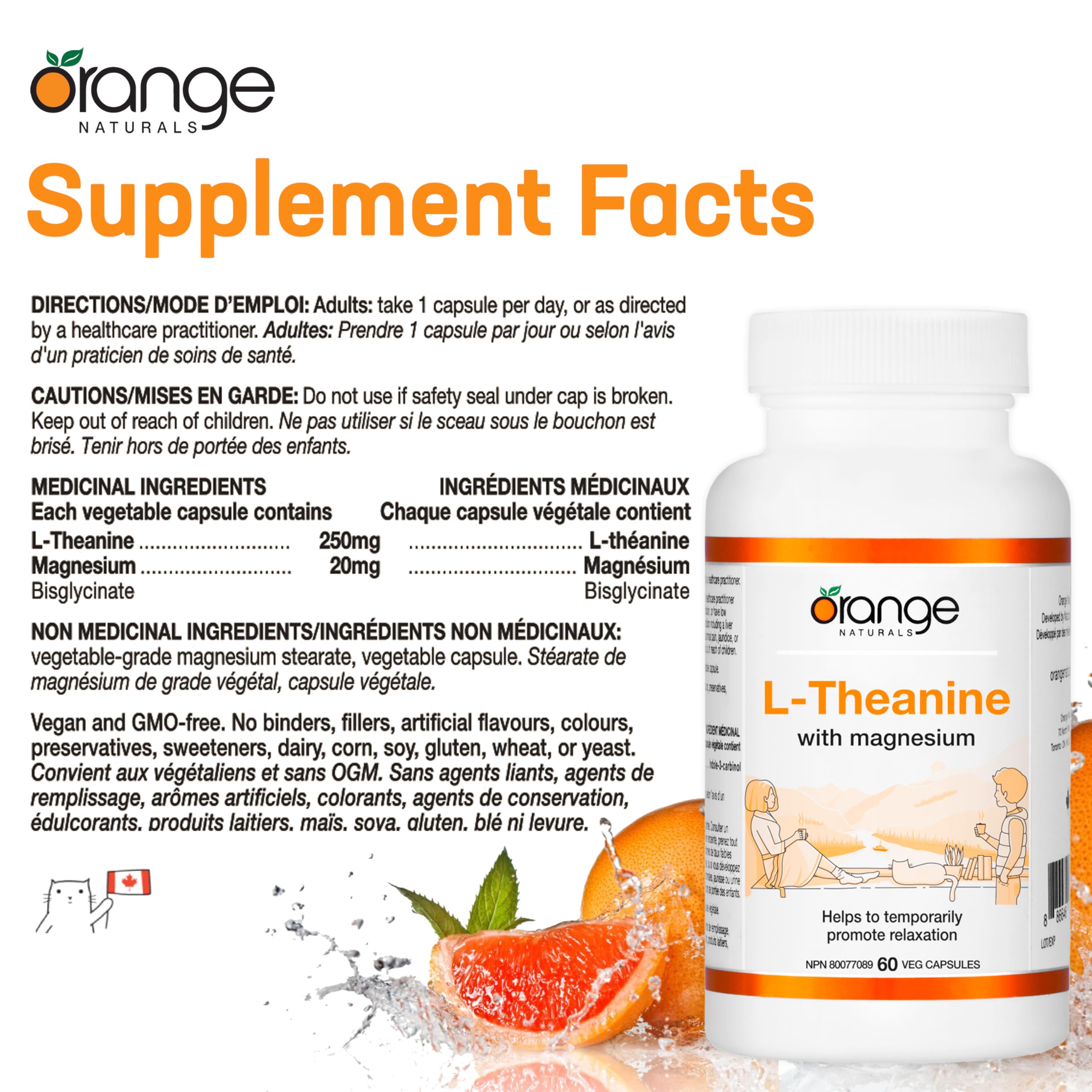 Orange Naturals - L-Theanine with Magnesium Bisglycinate 250mg, 60 Capsules 60-Day Supply - Enhanced Sleep and Relaxation Support without Drowsiness, Promotes Mental Calmness - Vegan and Non-GMO