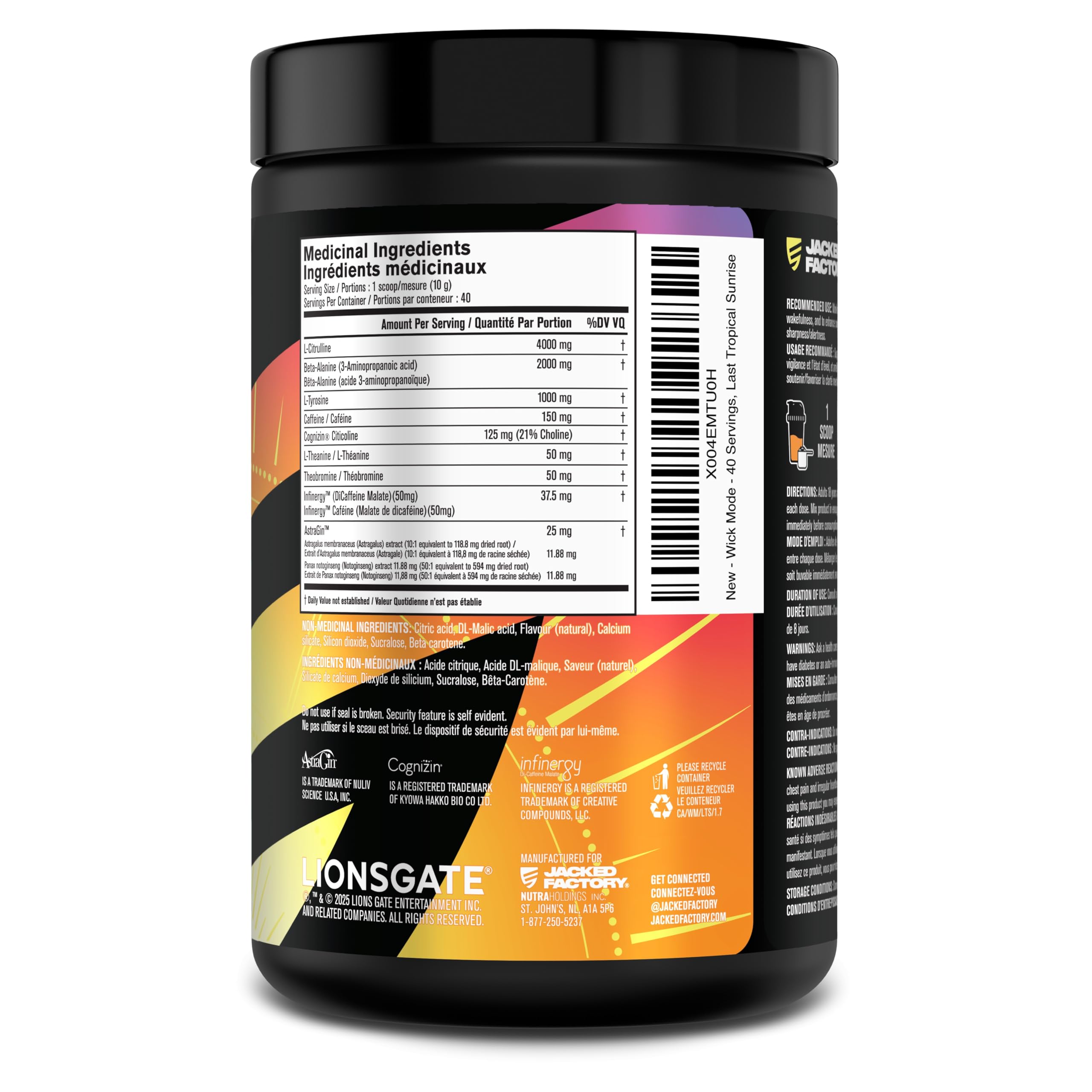 Jacked Factory X John Wick - Wick Mode Pre Workout Powder - Intense Energy, Battle-Ready Focus, Unstoppable Commitment, and Sheer Will - 40 Servings, Last Tropical Sunrise