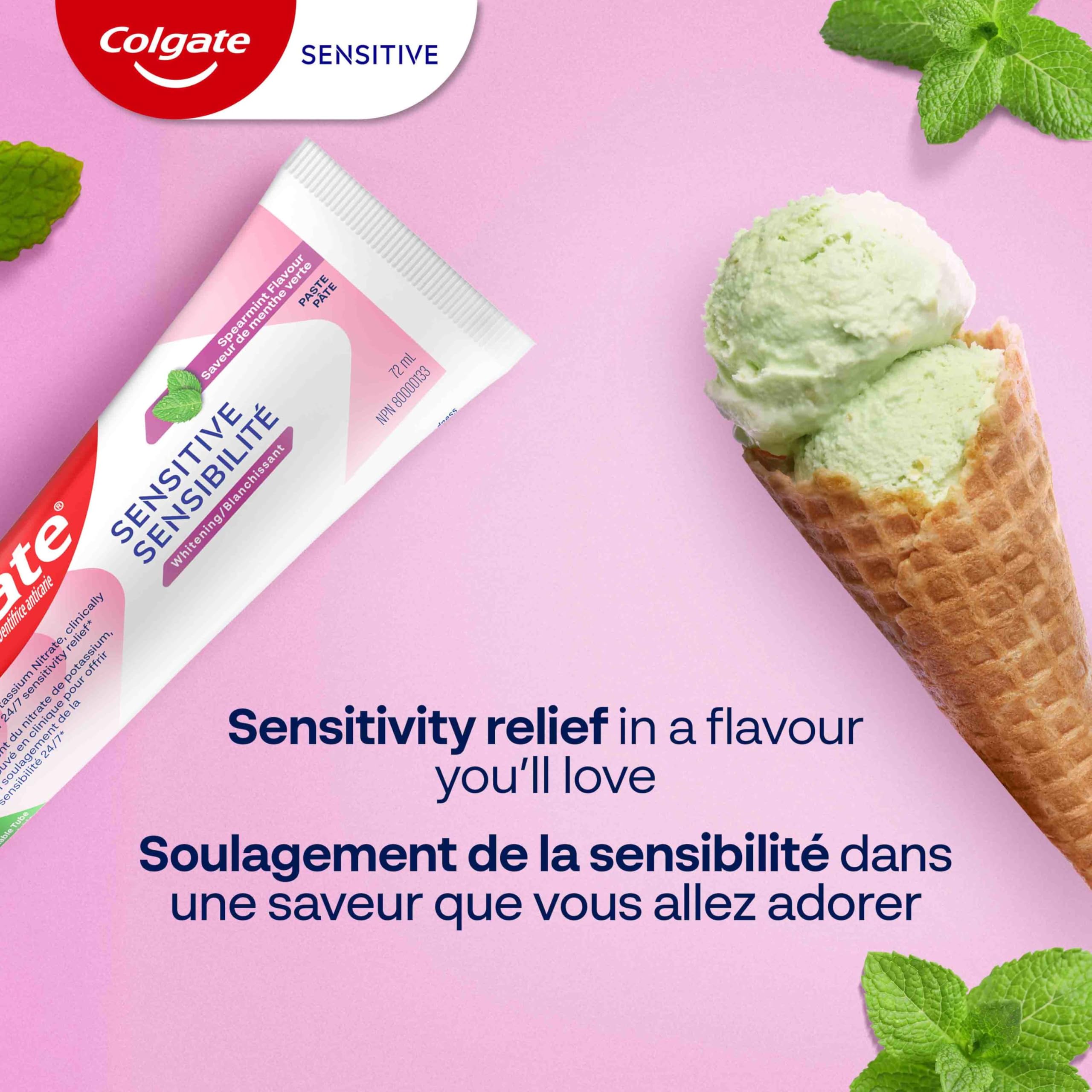 Colgate Sensitive Whitening Toothpaste for Sensitive Teeth, 1 Pack, Toothpaste with Fluoride and Potassium Nitrate, Helps Keep Teeth Whiter and Prevent Bad Breath, Spearmint, 72 mL