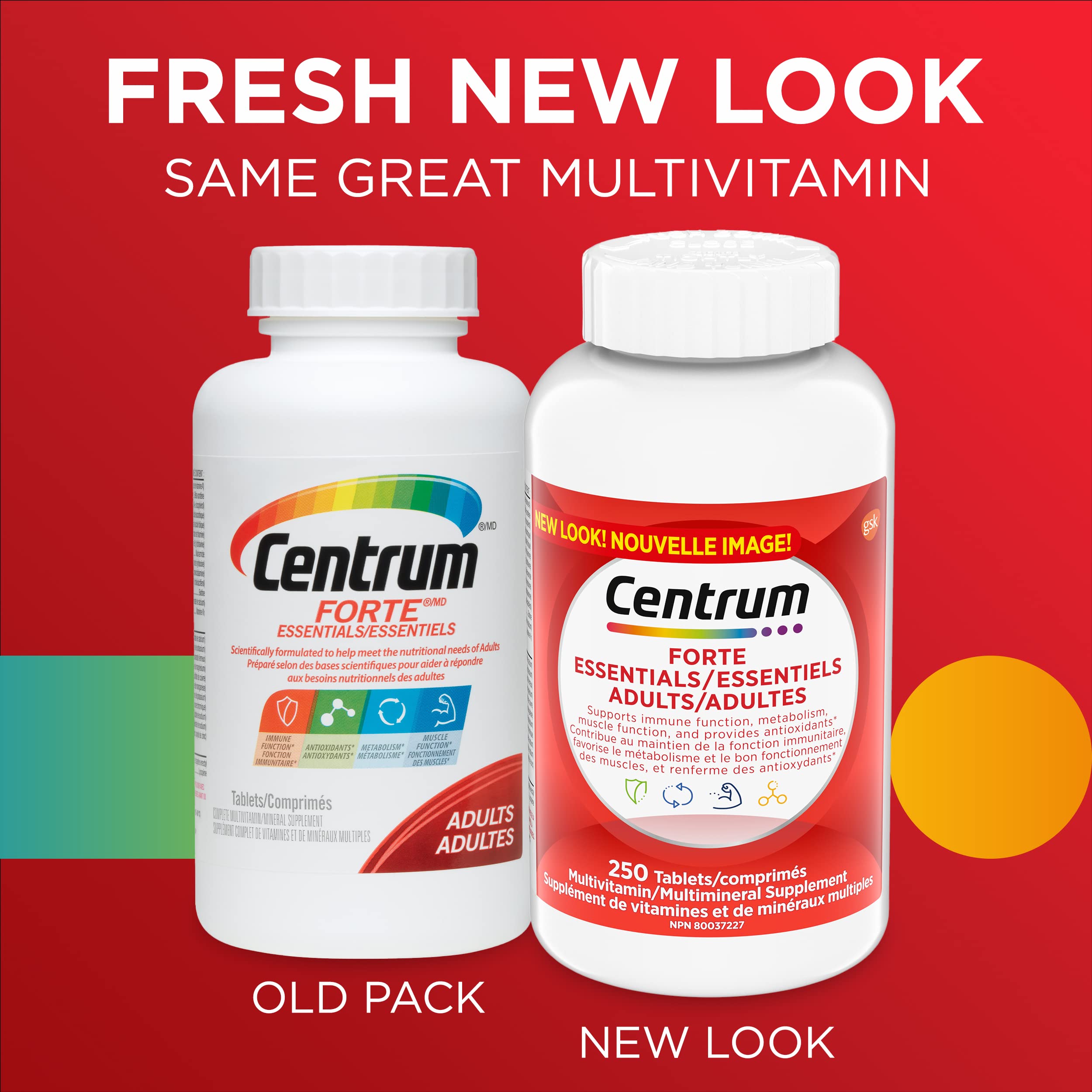 Centrum Adult Forte Essentials Mulitvitamins/Minerals Supplement for Men & Women, 250 Tablets (Packaging May Vary)