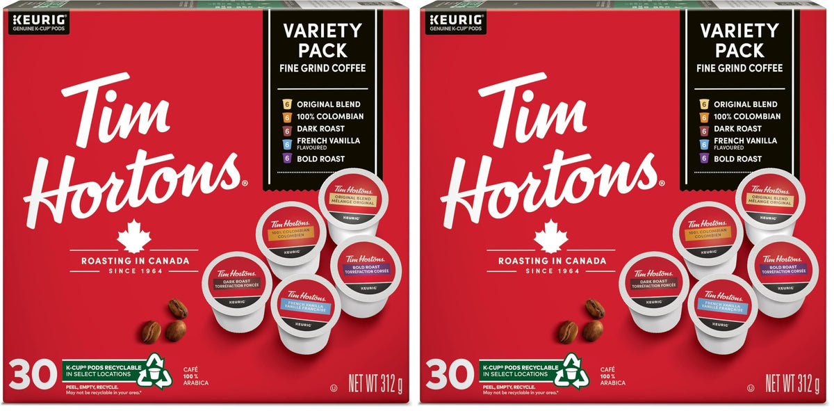 Tim Hortons Variety Pack, Original, Dark Roast, Colombian, Bold Roast and French Vanilla, Single Serve Keurig K-Cup Pods, 30 Ct (Pack of 2)