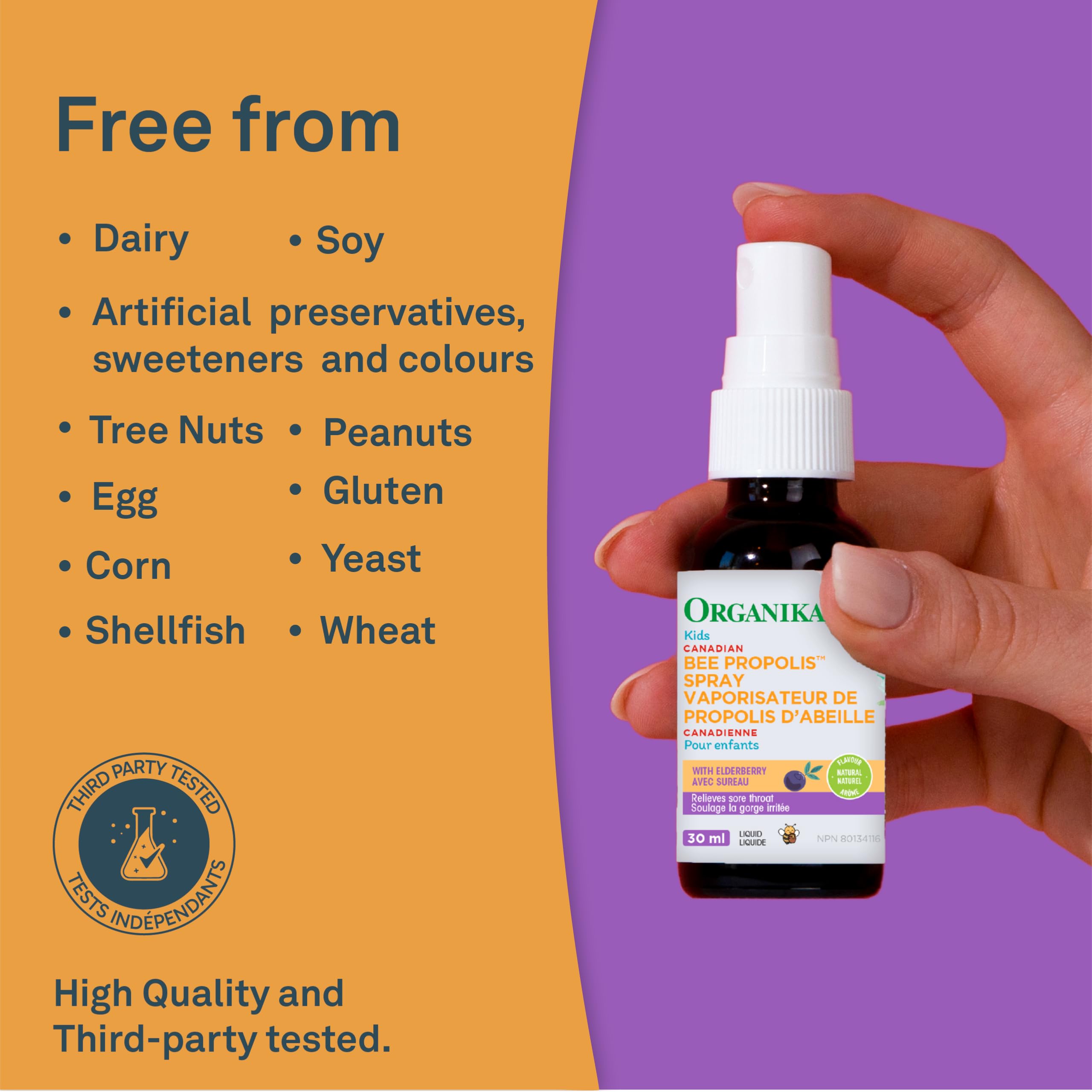 Organika Canadian-Made Kids Bee Propolis Spray with Elderberry for Natural Sugar-Free Sore Throat Relief, Immunity Support, Antioxidants- 30ml
