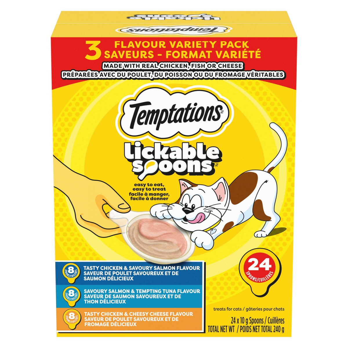 Temptations Lickable Spoons Adult Cat Treats Chicken & Salmon, Salmon & Tuna, Chicken & Cheese Flavours Variety Pack, (24) 10g Spoons