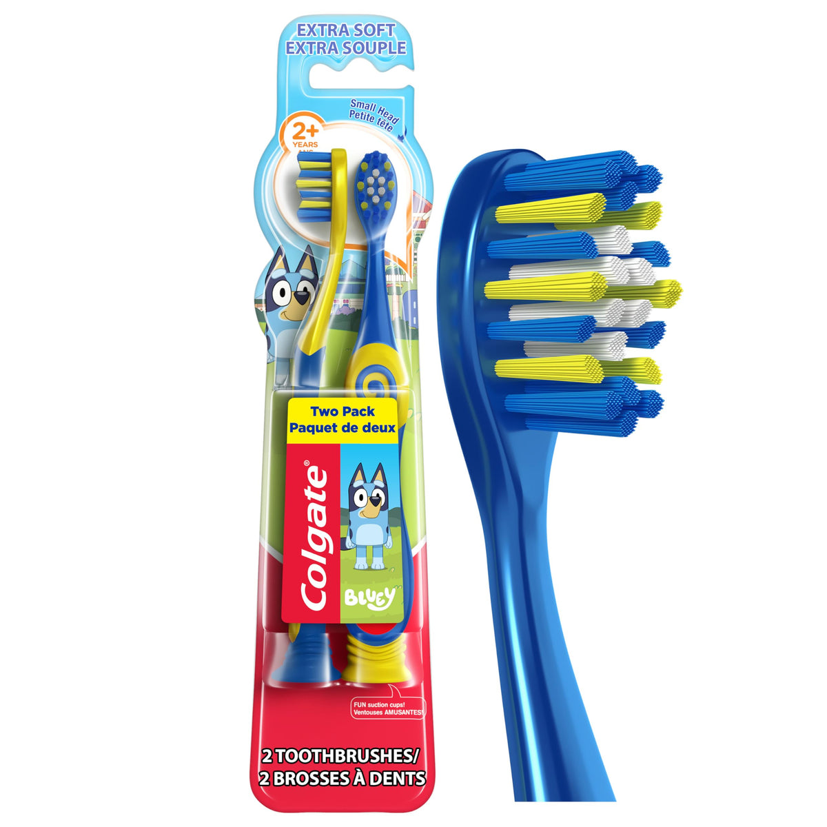 Colgate Kids Full Size Toothbrush (2 Pack) with Extra Soft Bristles for Ages 2 and Up, Toddler Toothbrush Featuring Bluey, Suction Cup for Easy Storage, Gentle for Toddlers